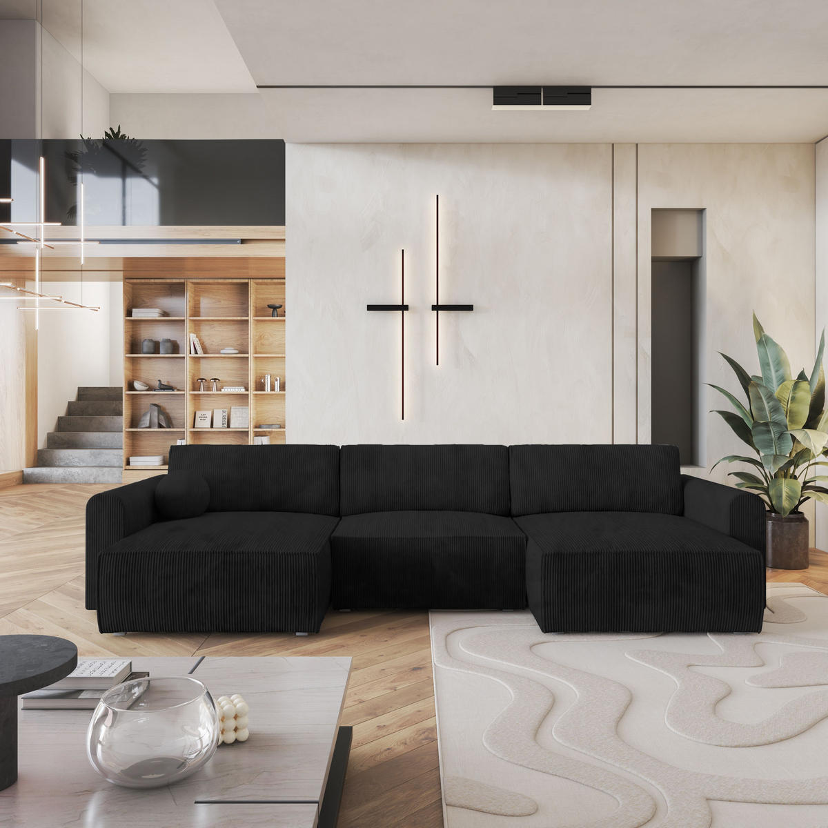 ROHOVÁ SEDAČKA FENTO černá - šedá/černá, dřevo/textil (347/148cm) - MASSENO