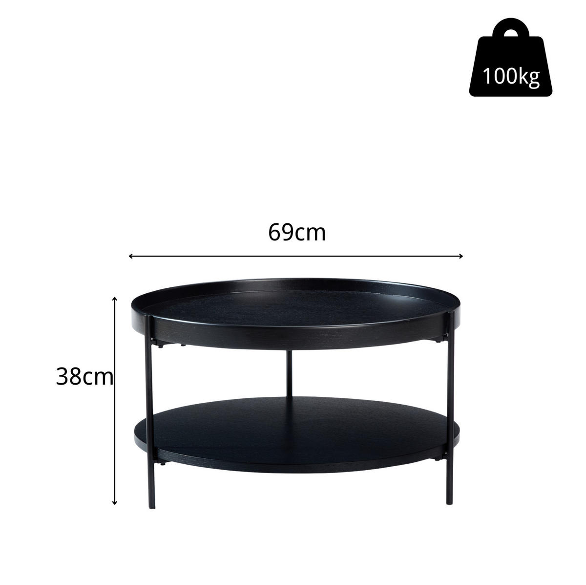COUCHTISCH 69/69/38 cm Schwarz mit 2 Ablagen und Metallgestell - Schwarz, Holzwerkstoff (69/69/38cm) - Flora Grace