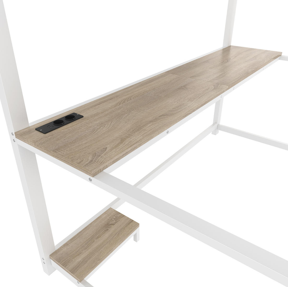 HOCHBETT mit Schreibtisch 140/200 cm in Weiß – mit Treppe, LED-Licht und USB - Weiß, Metall (140/200cm) - BEAOK