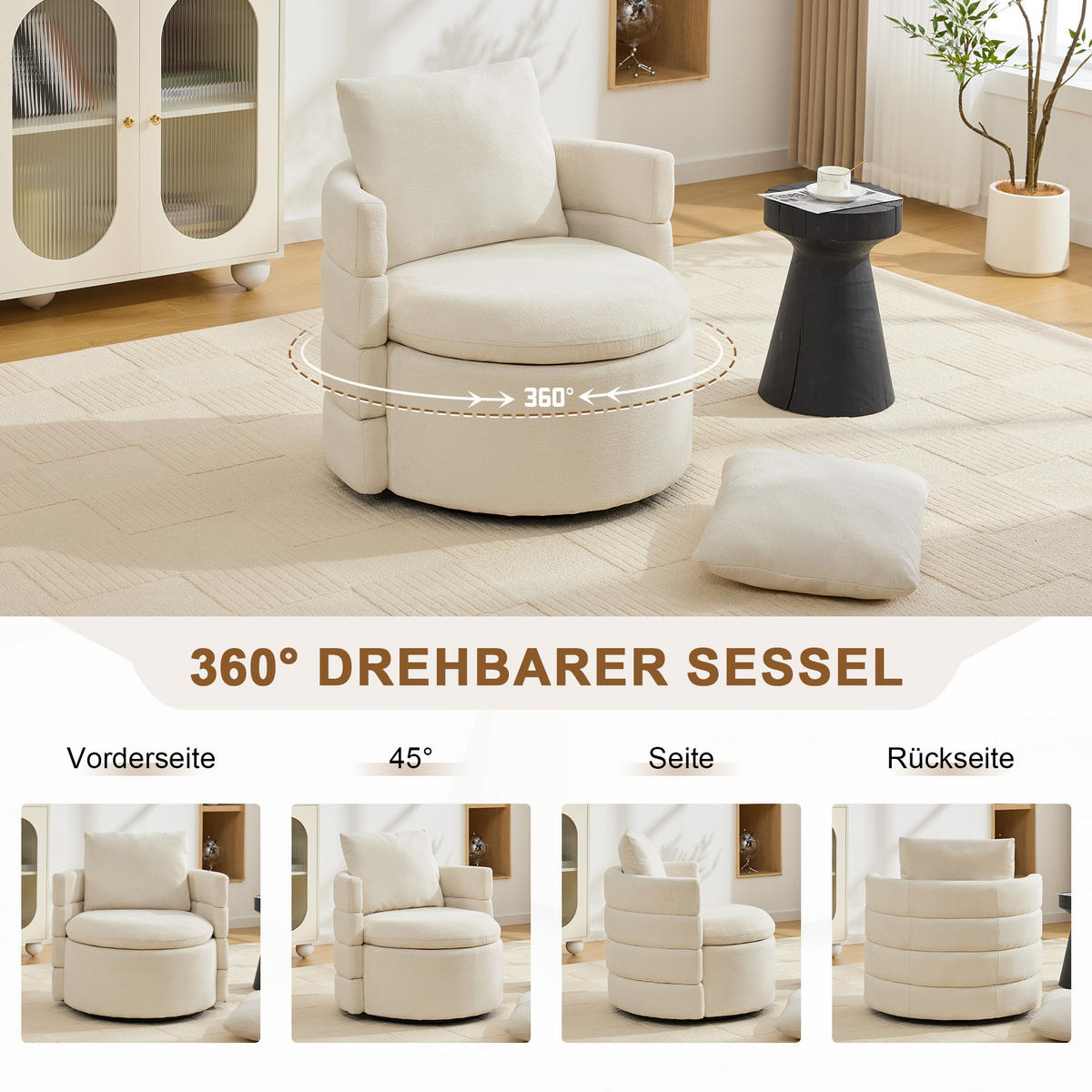 SESSEL 360° drehbar mit Stauraum, DE-42213, Elfenbein - Creme, Holzwerkstoff (73/83/78.5cm) - ComfortXL