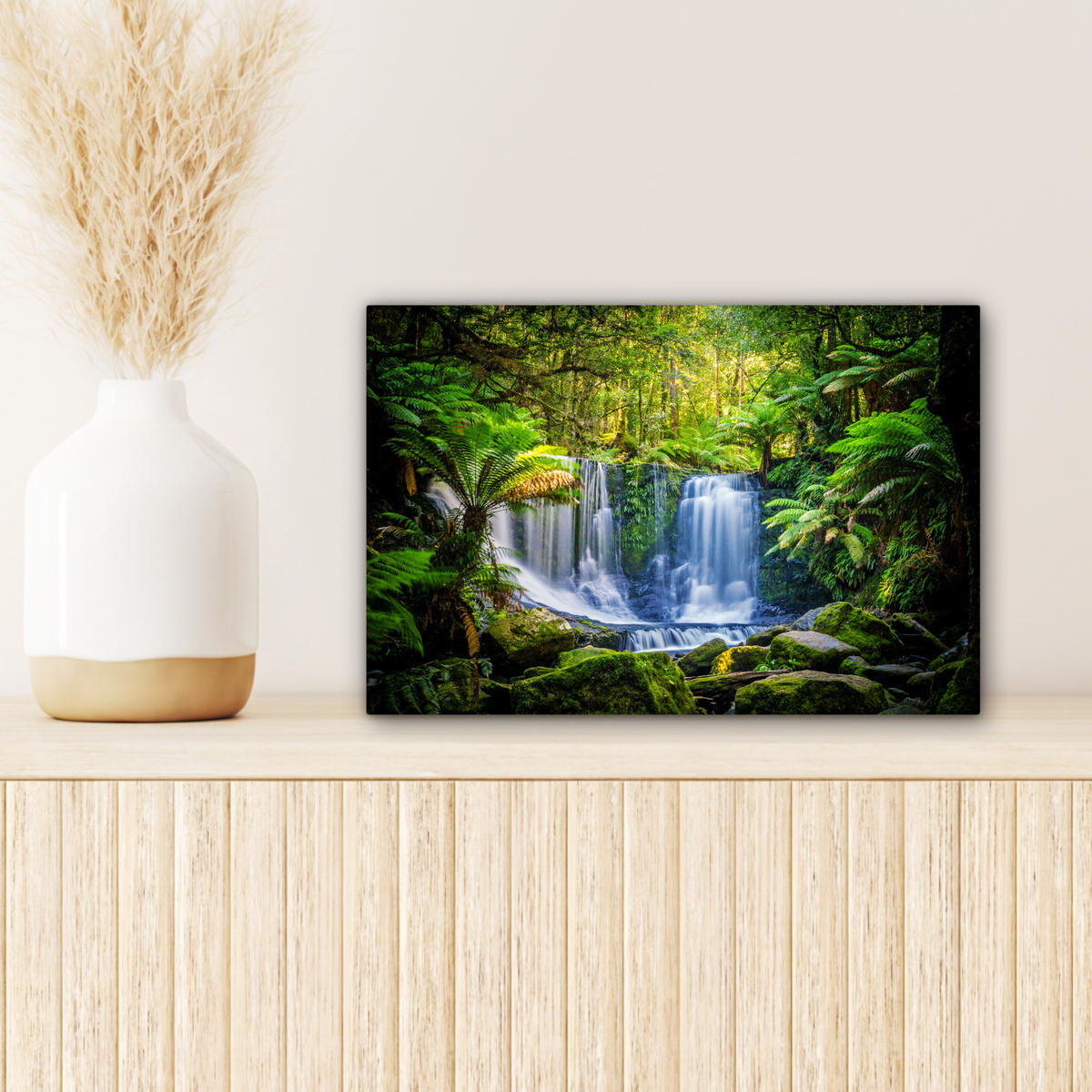 LEINWANDBILD Dschungel - Wasserfall - Australien - Pflanzen - Natur Deko Schlafzimmer 30x20 cm - Dunkelgrün, Textil (30/20cm) - MuchoWow