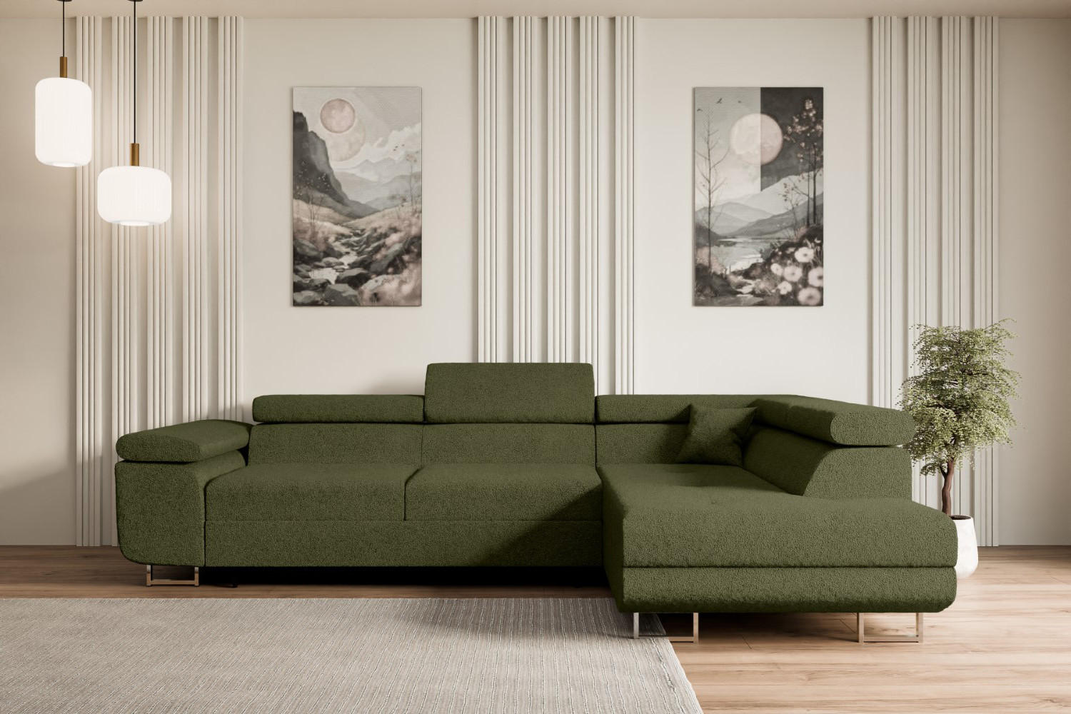 ECKSOFA mit Schlaffunktion und Bettkasten GUSA-L 272x202x107 cm Grün Bouclé - Silberfarben/Grün, Holzwerkstoff/Textil (272/202cm) - ALTDECOR