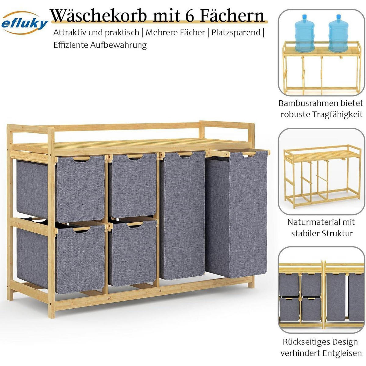 WÄSCHEKORB mit 6 Fächern und 2 Wäschesäcken Grau - Grau, Naturmaterialien (41.5/77/105cm)