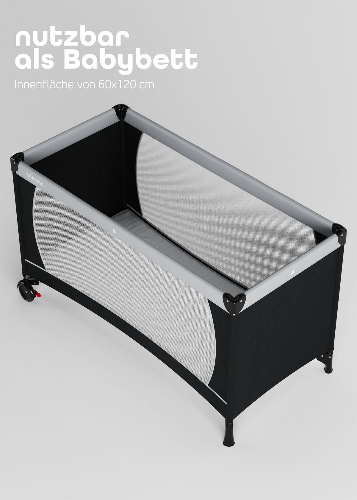 REISEBETT 60x120 cm - fold & go - mit Matratze SleepPlus, schwarz/grau - Schwarz/Grau, Kunststoff (60/120cm) - Sämann – make a difference.
