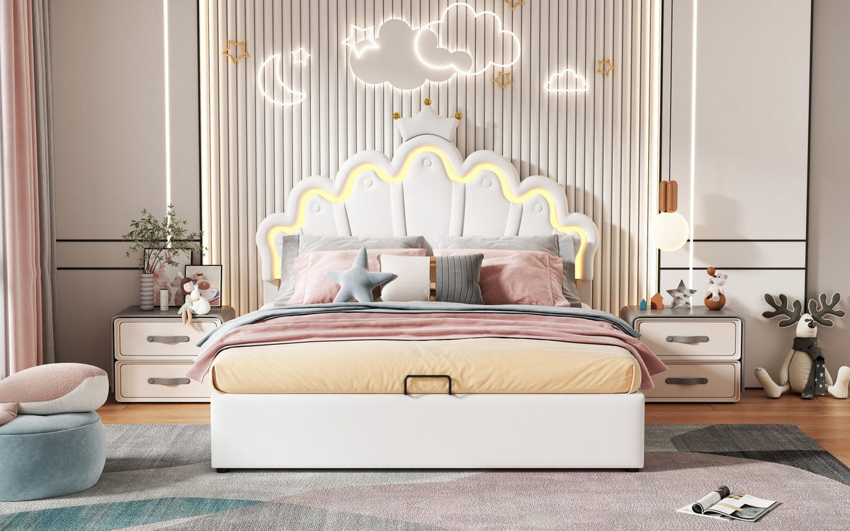 POLSTERBETT 140/200 cm Weiß aus Kunstleder mit LED-Beleuchtung - Weiß, Kunststoff (140/200cm) - OKMYHOME