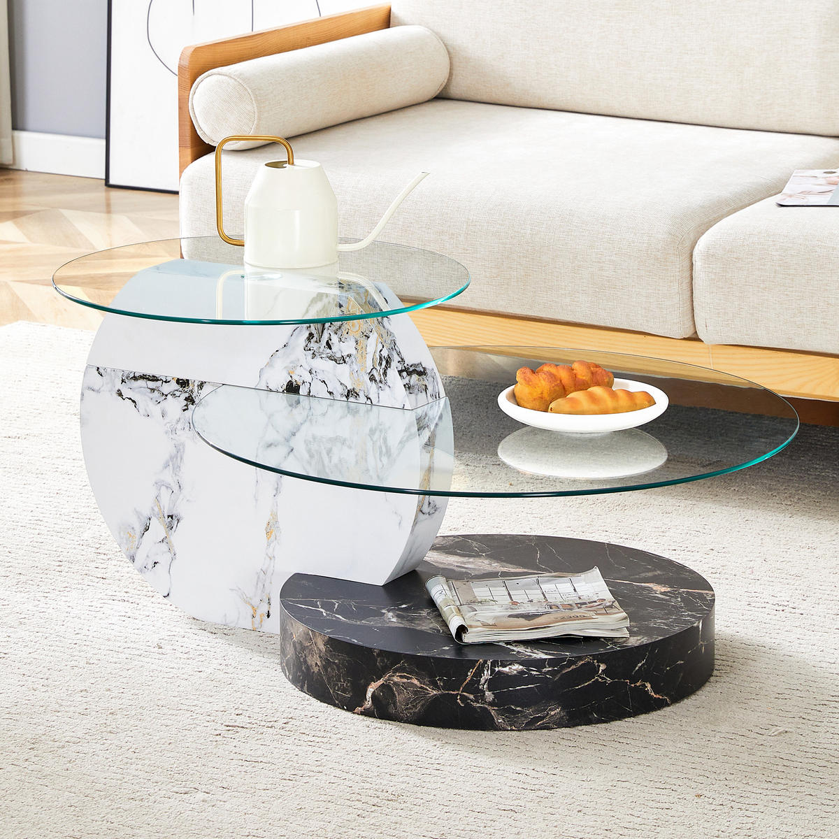 COUCHTISCH Ø 50/70 cm Transparent Weiß Schwarz MDF Glas 2 Ebenen mit Marmoroptik - Transparent, Holzwerkstoff (90/70/44cm) - OKWISH