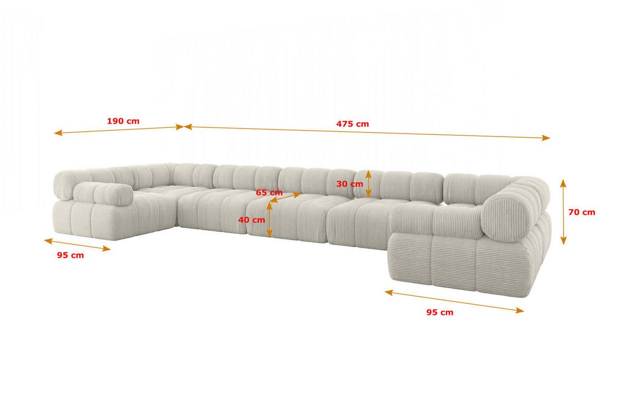 WOHNLANDSCHAFT modulares Sofa Birno-U3 - 475x190x70 cm Hellgrau Cord - Hellgrau, Holzwerkstoff/Textil (475/70/190cm) - ALTDECOR