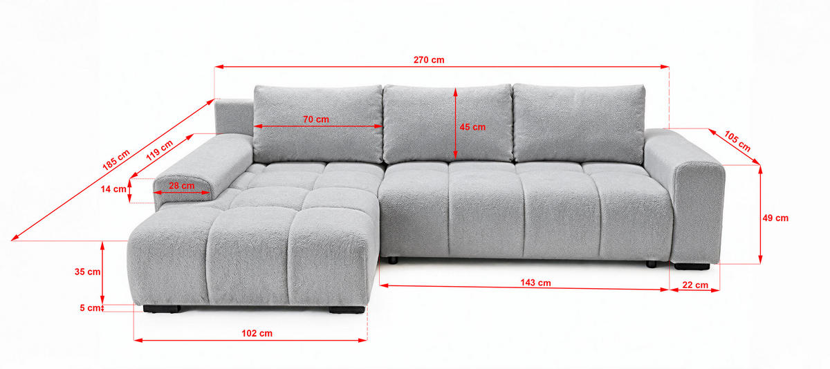 ECKSOFA Ovia mit Bettkasten und Schlaffunktion, Bouclé-Stoff in L-Form - Hellgrau, Textil (270/185cm)