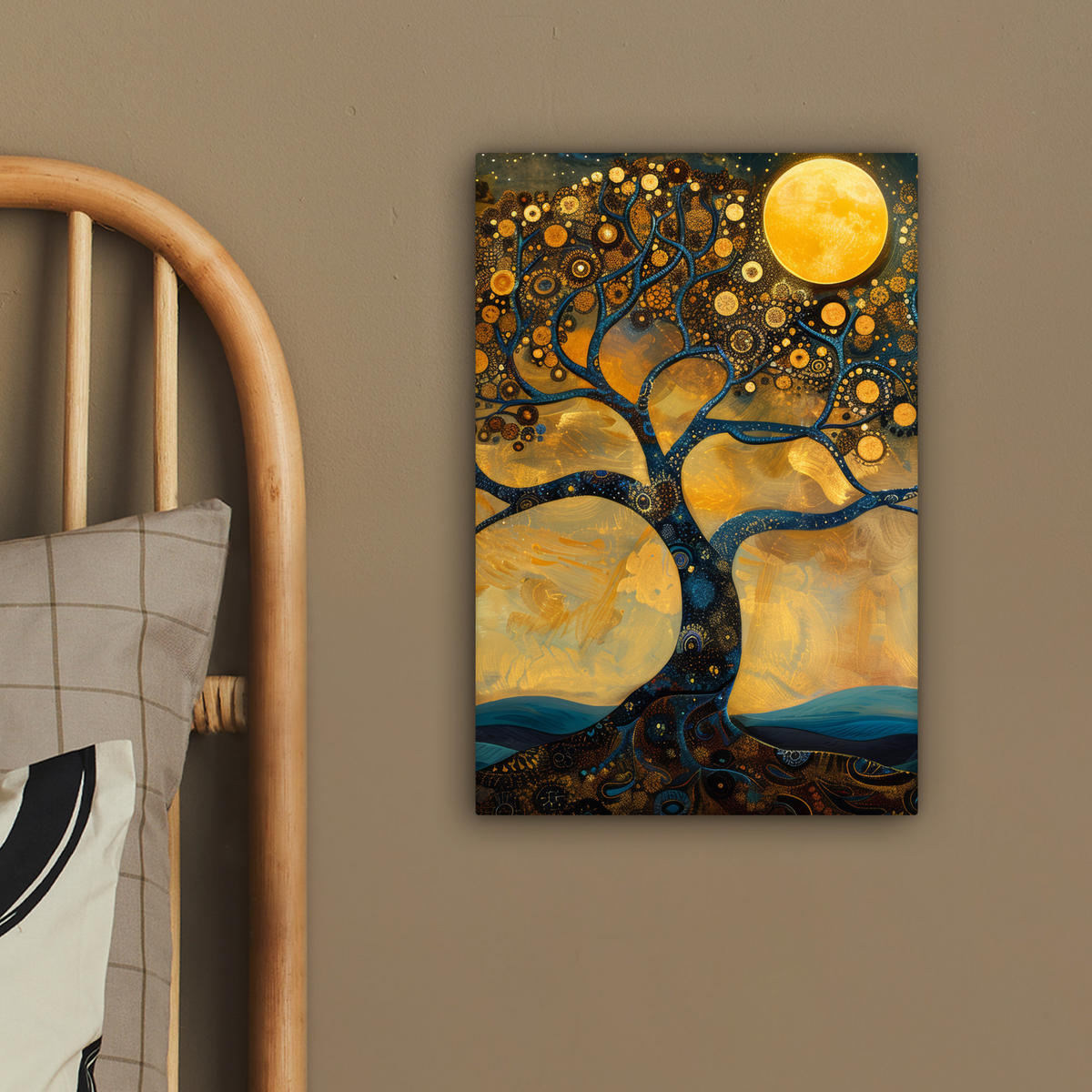LEINWANDBILD Baum - Mond - Blumen - Gold - Kunst 20x30 cm - Orange, Textil (20/30cm) - MuchoWow