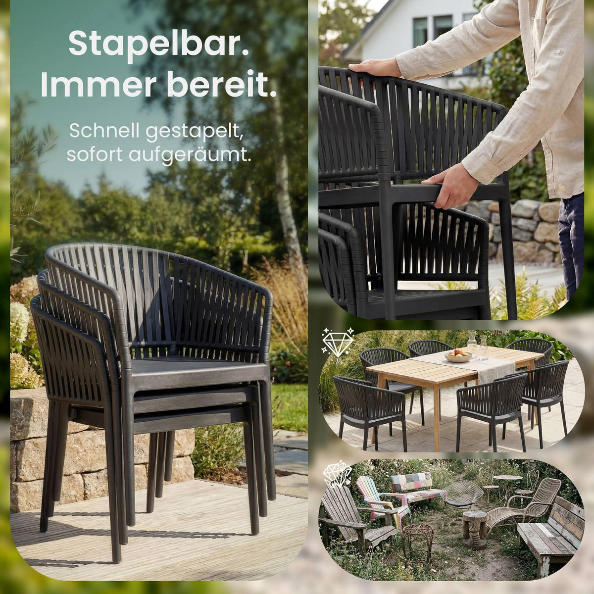 GARTENSTUHL 6er Set Kunststoff Schwarz - Schwarz, Kunststoff (58/80/58cm) - CLP