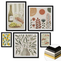 WANDBILDER 5er-Set - 50x50 cm & 20x30 cm & 40x60 cm Schwarzer Rahmen - Blumenmuster in Orange und Grün - Schwarz, Kunststoff (40/60cm) - ArtPrintCave