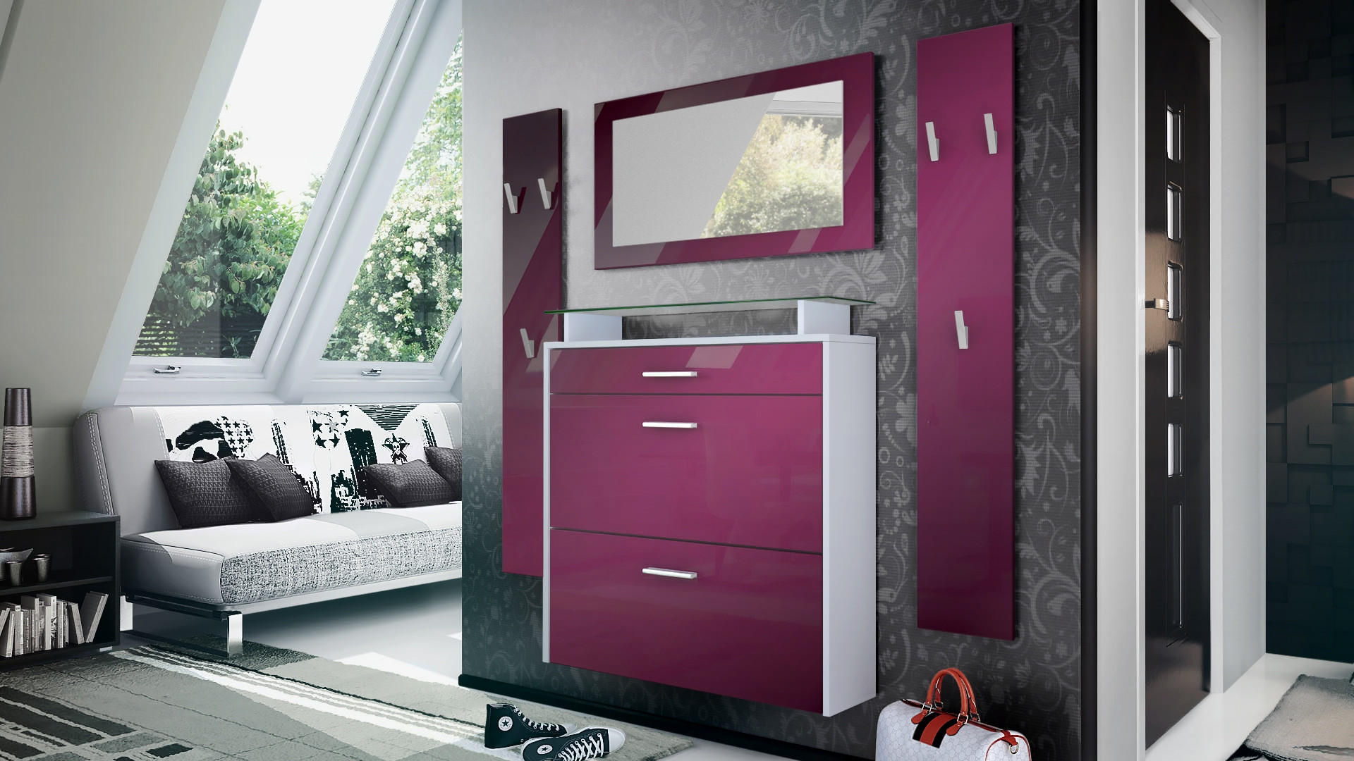 GARDEROBE Malea Front in Brombeer Hochglanz - Brombeere, Holzwerkstoff (180/180/23cm) - Vladon