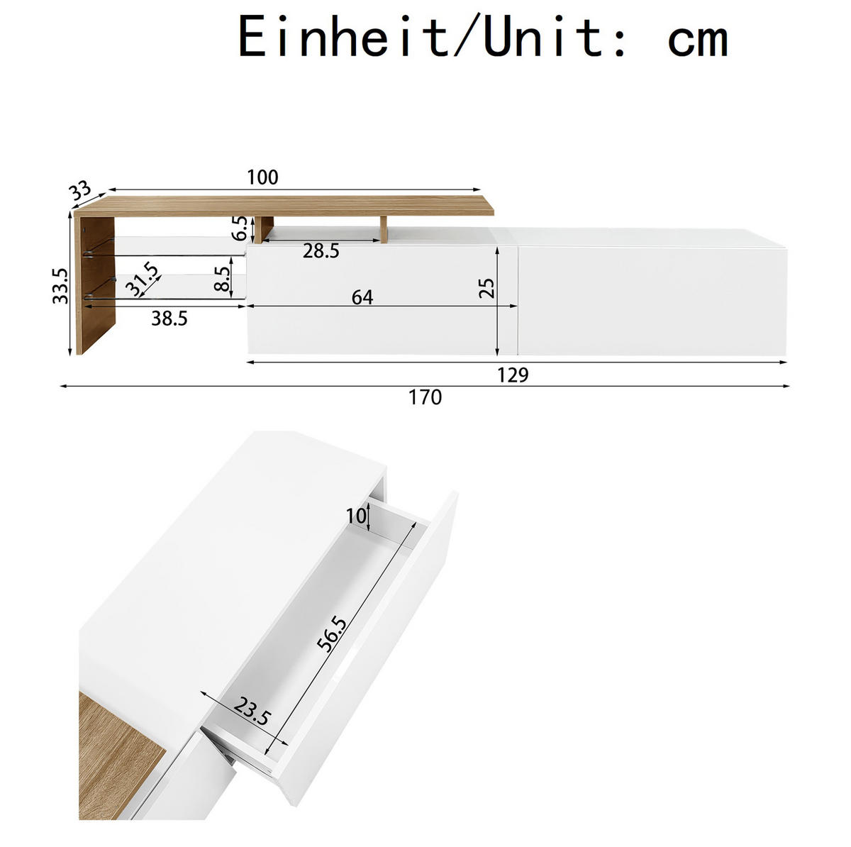 TV-ELEMENT mit LED 170 x 33 x 33,5 cm Weiß Holzoptik - Weiß, Holzwerkstoff (33/33.5/170cm) - Beauniv