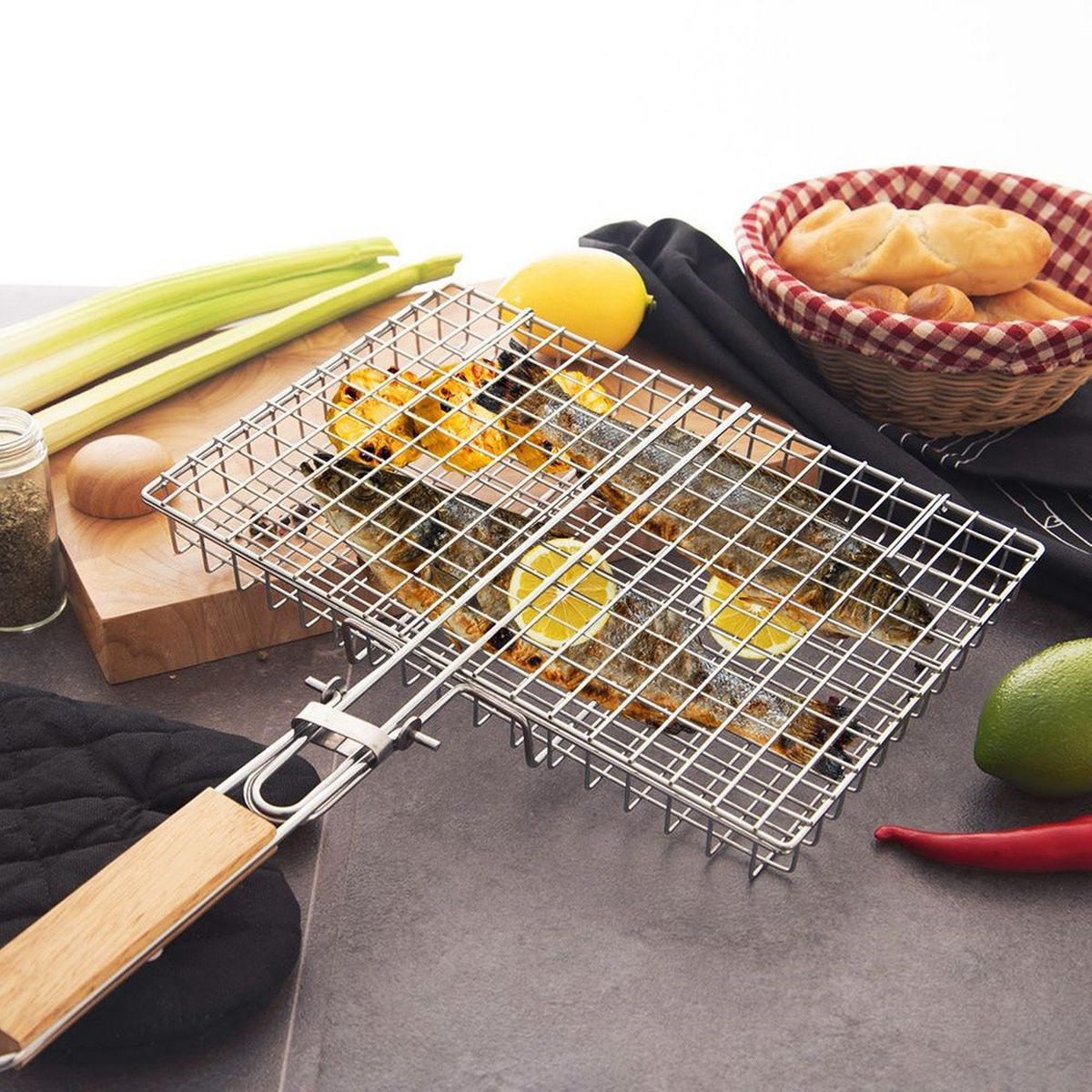 GRILLKORB verschließbar Holzgriff 49 cm Silberfarben - Silberfarben, Metall (32/4/49cm) - Orion 