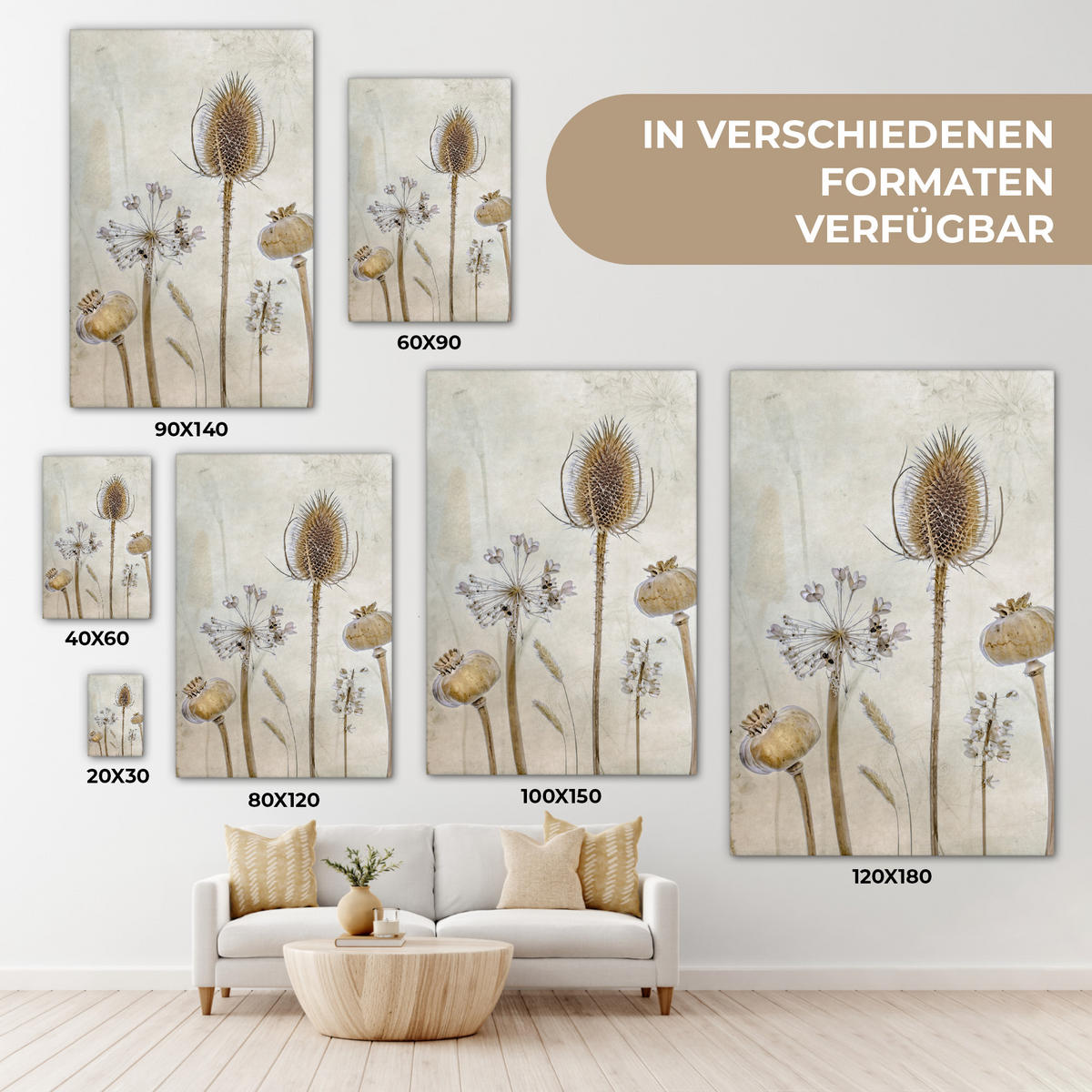 LEINWANDBILD Blumen - Aquarell - Stilleben - Braun - Vintage 80x120 cm - Beige, Textil (80/120cm) - MuchoWow