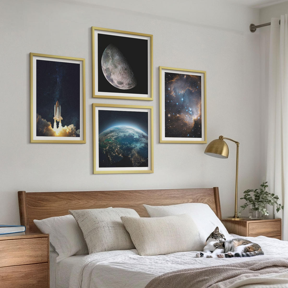 BILDER SET 4er Set - 50x50 cm & 40x60 cm Goldrahmen - Weltraum Erde Rakete Galaxie - Goldfarben, Kunststoff (50/50cm) - TULUP