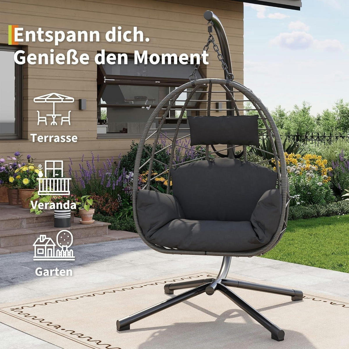 HÄNGESESSEL mit Gestell Grau bis 150 kg belastbar - Grau, Naturmaterialien (59.5/1.5/115cm)