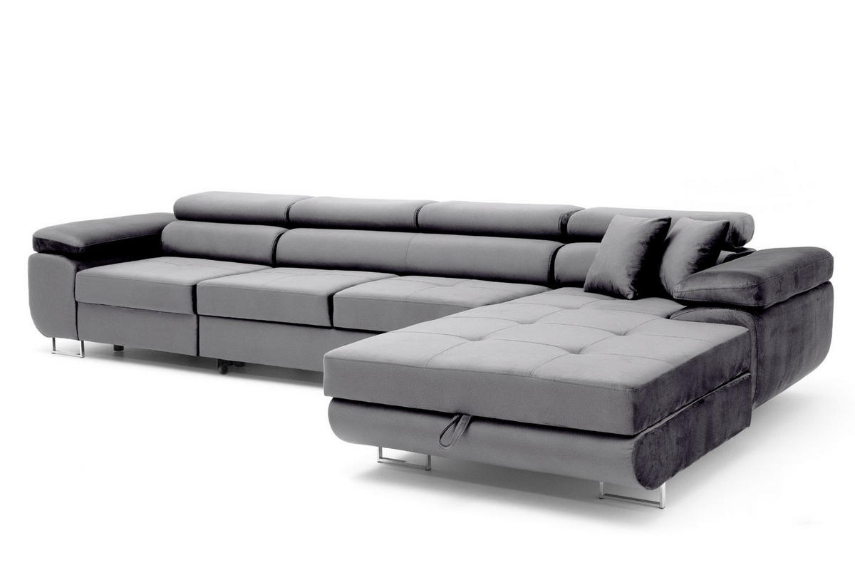 ECKSOFA ALONZO MAXI Rechts mit Schlaffunktion 125x195 Velours Grau - Silberfarben/Grau, Holz/Textil (203/350cm) - Muffo