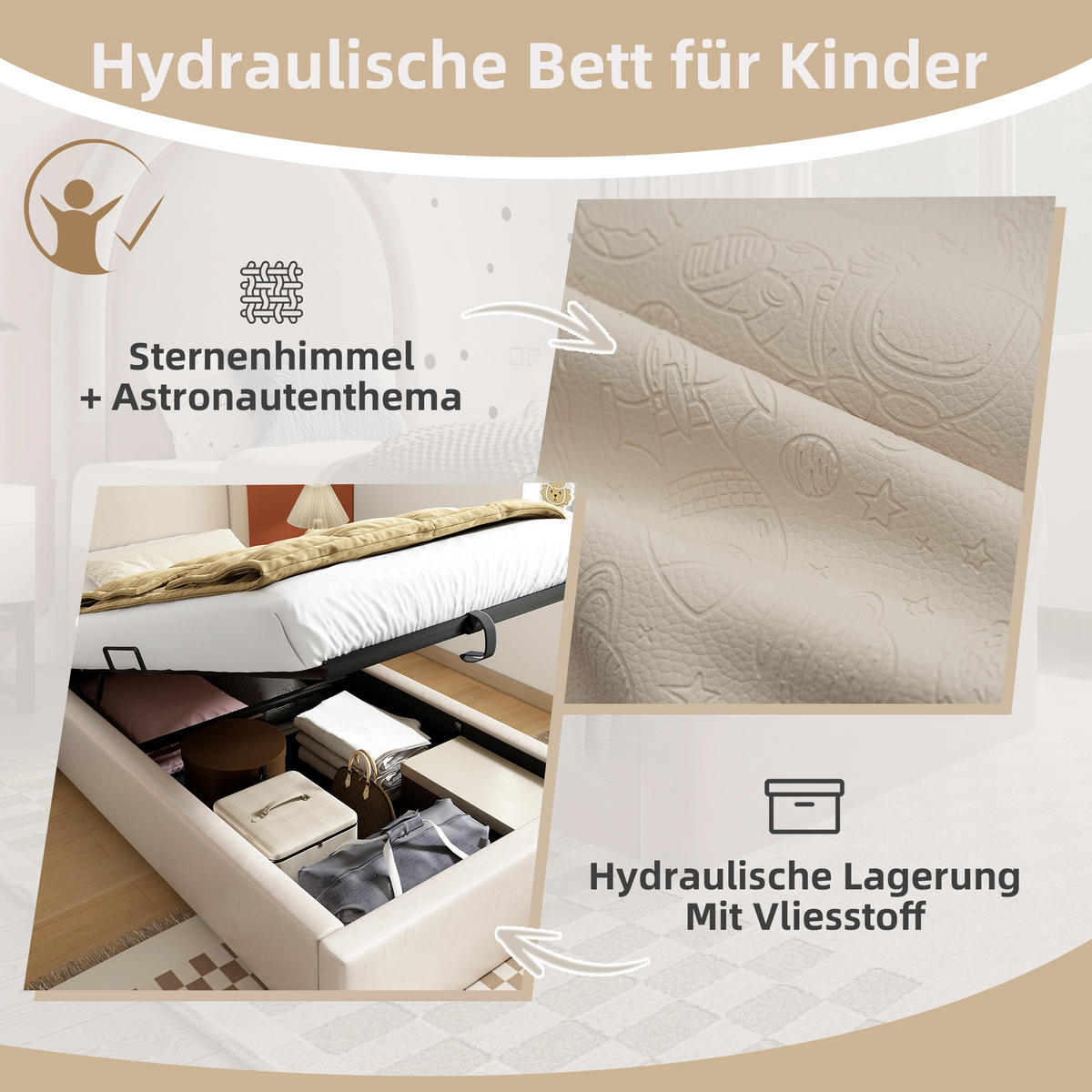 KINDERBETT 90/190 cm Beige mit Stauraum mit hydraulischem Lattenrost - Beige, Kunststoff (90/190cm) - OKWISH