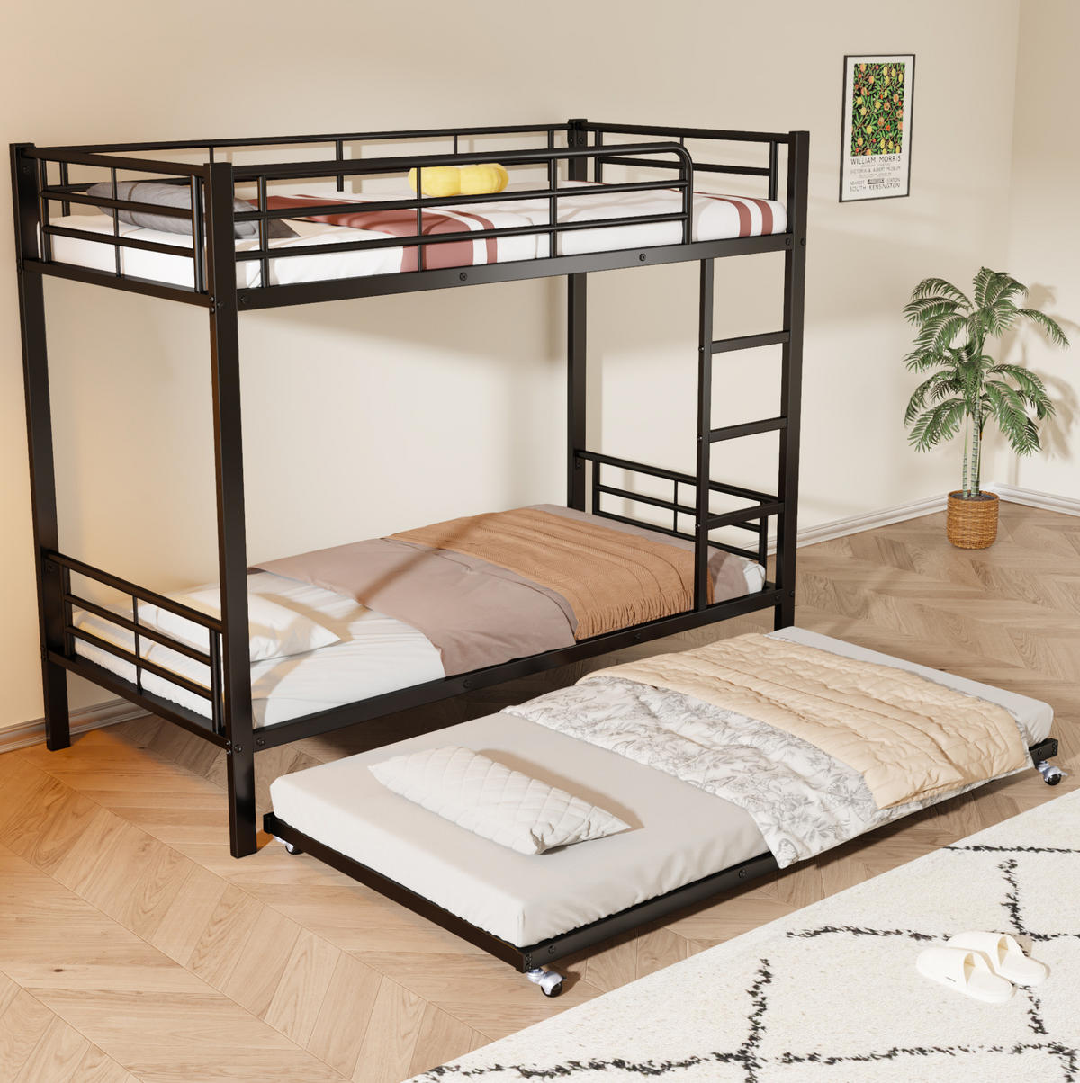 ETAGENBETT 90/200 cm in Schwarz mit Ausziehbett 90/190 cm aus Metall - Schwarz, Metall (90/190cm) - Flora Grace
