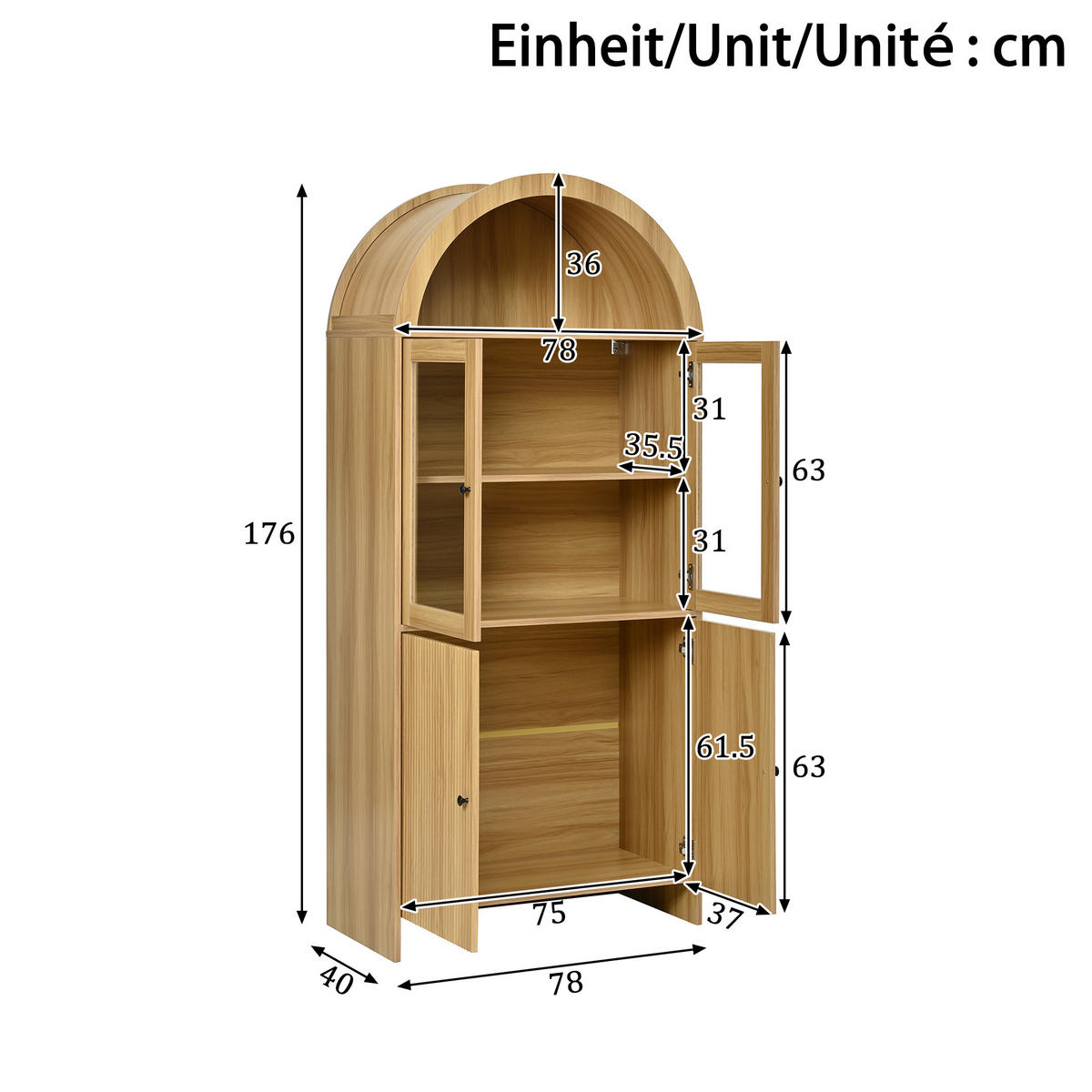 KUCHYŇSKÁ SKŘÍŇKA vzhled dřeva přírodní 176 cm vysoká s obloukovým designem a vlnitým vzorem - přírodní, kompozitní dřevo (78/176/40cm) - Urban Meuble