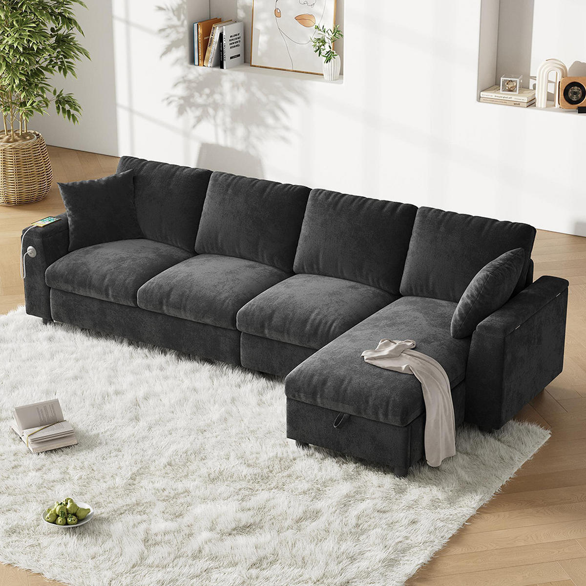 ECKSOFA L-förmige Ecke und zwei Armlehnen mit Stauraum,Chenille-Stoff,Grau - Grau, Textil (137/280cm) - KOMHTOM