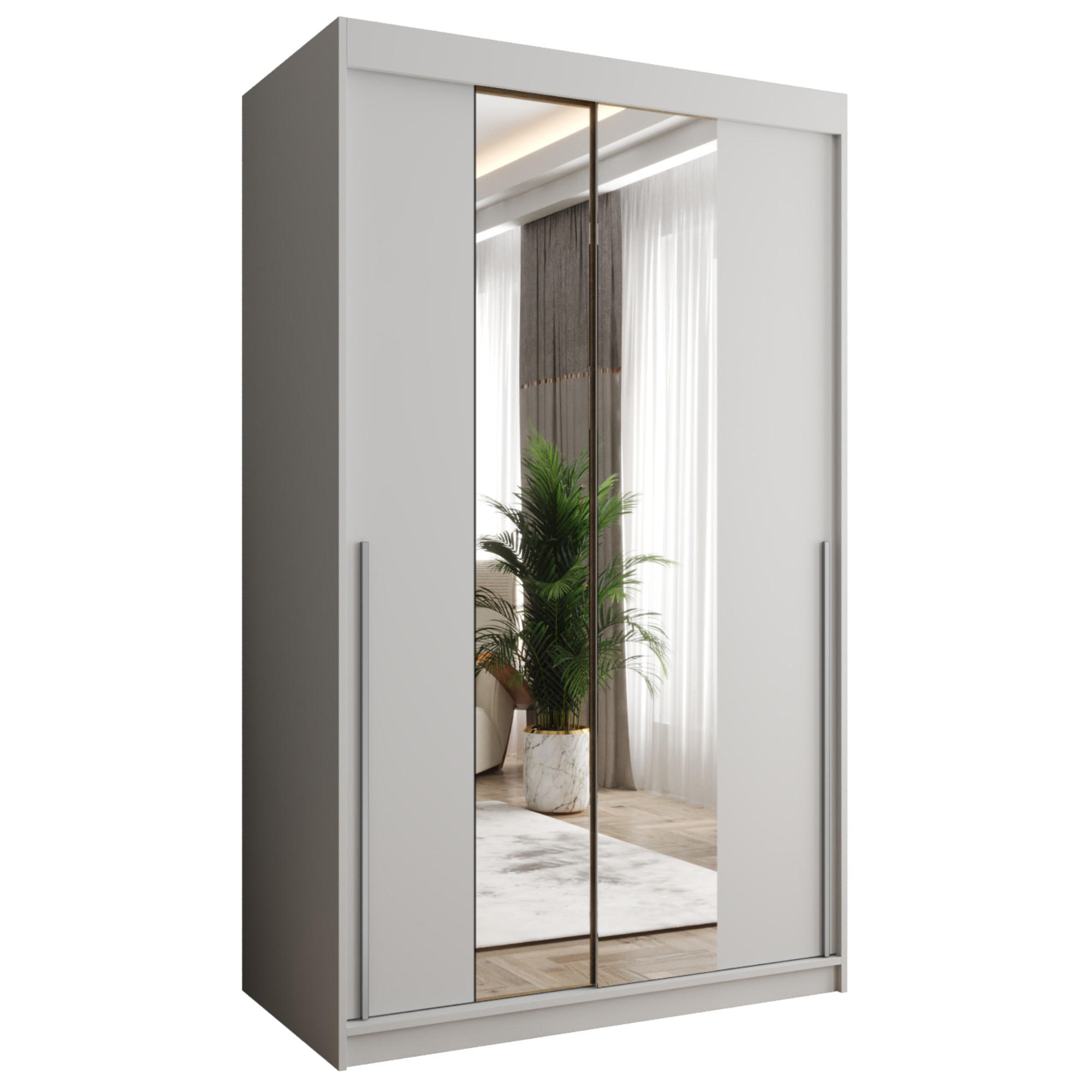 SCHIEBETÜRENSCHRANK mit Spiegel 120 cm Breite, weiß mit silbernem Griff - Silberfarben/Weiß, Holzwerkstoff (120/200/62cm) - Home Collective