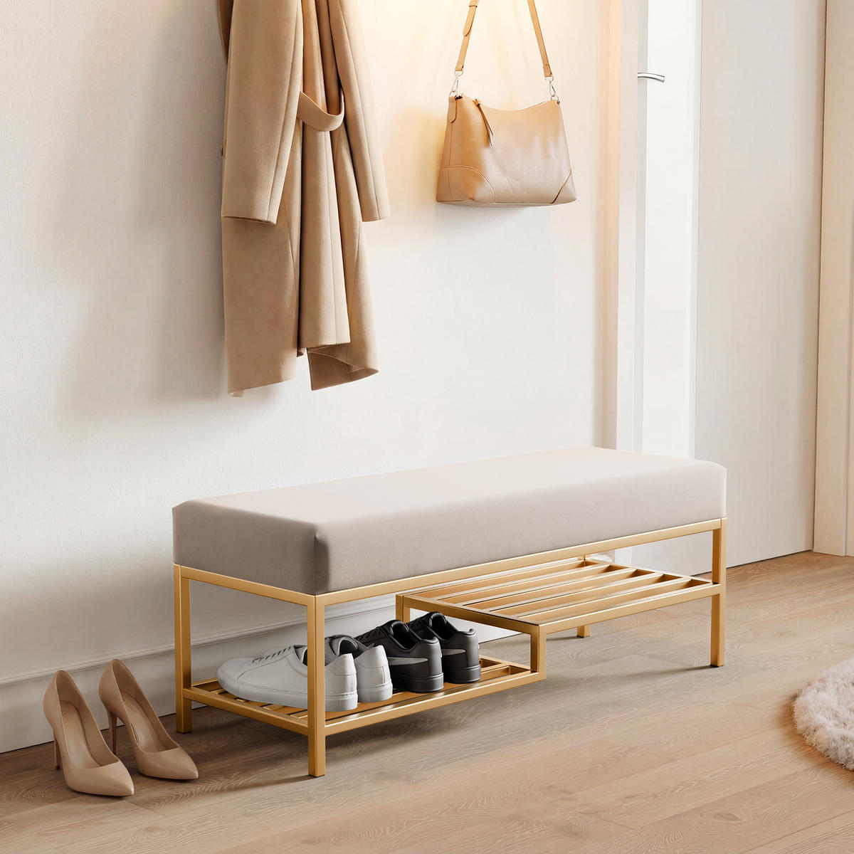 POLSTERBANK STEP 80 cm Gold / Creme ,Metallgestell - Creme, Metall (80/45/35cm) - Idohome