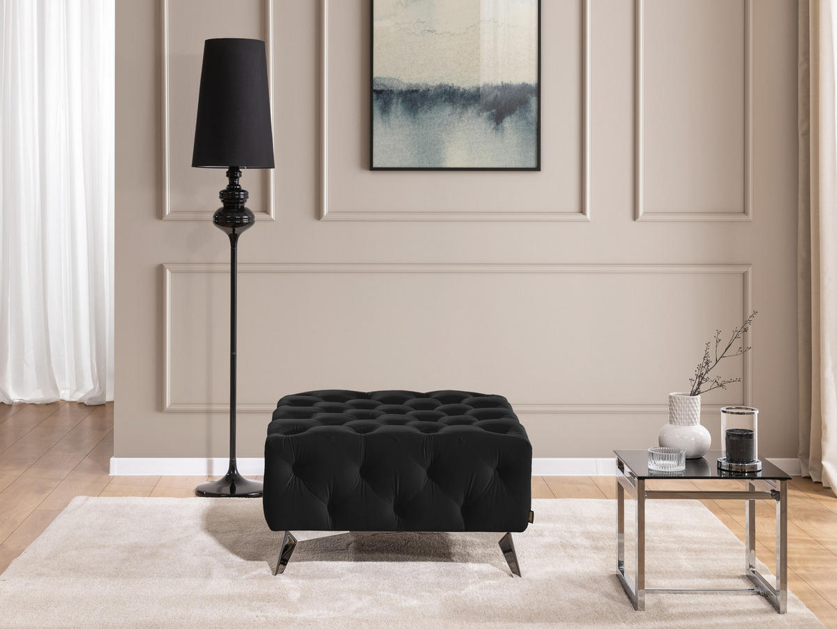 HOCKER Chesterfield Whitby Schwarz Samt mit silbernen Füßen - Silberfarben/Schwarz, Holz/Textil (80/45/80cm) - S-Style Möbel