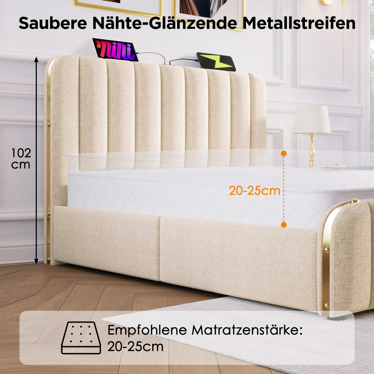 ČALOUNĚNÁ POSTEL 140/190 cm v béžové barvě s úložným prostorem, USB a Type-C - béžová, kov/kompozitní dřevo (140/190cm) - CHICFURN