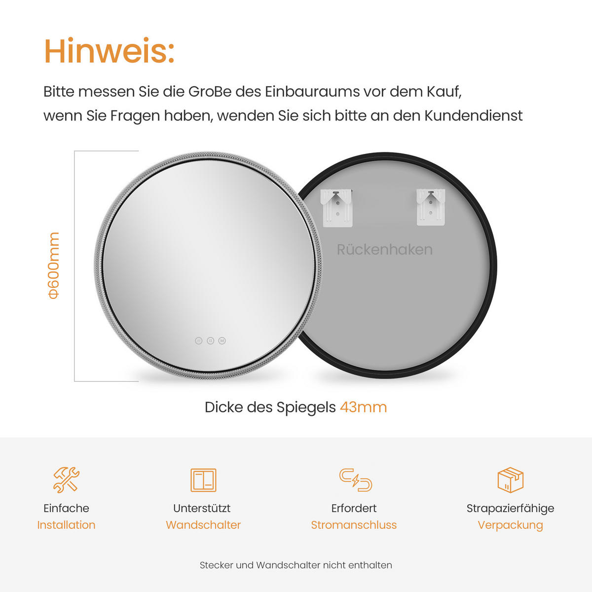 BADSPIEGEL Runder mit Beleuchtung Schwarz ф60 cm - Schwarz, Glas (60/4.3/60cm) - EMKE