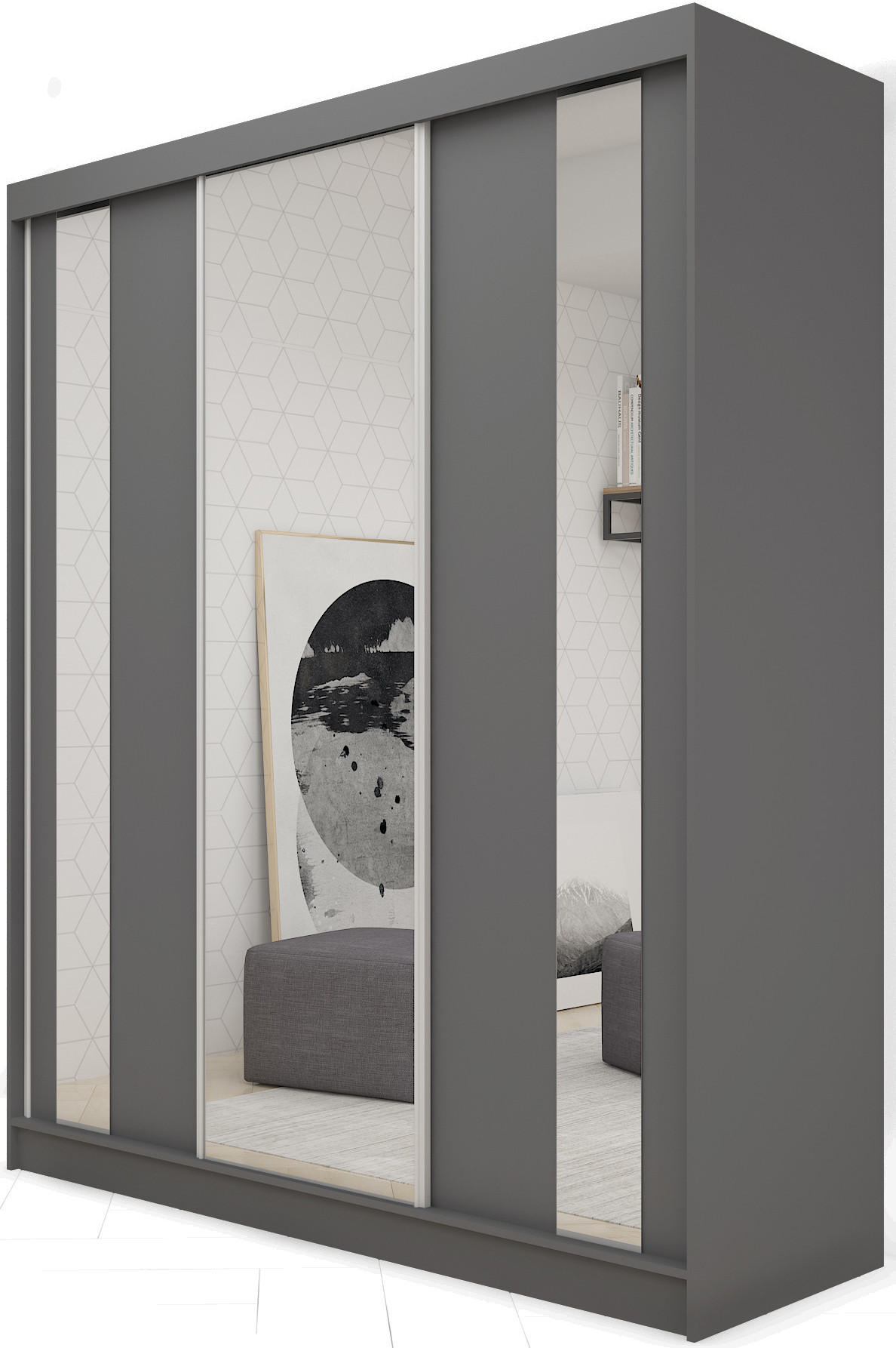 SCHWEBETÜRENSCHRANK Gabo 180 cm mit Spiegel, 3-türig, grau - Grau, Kunststoff (180/216/61cm) - Margaret Hadas24