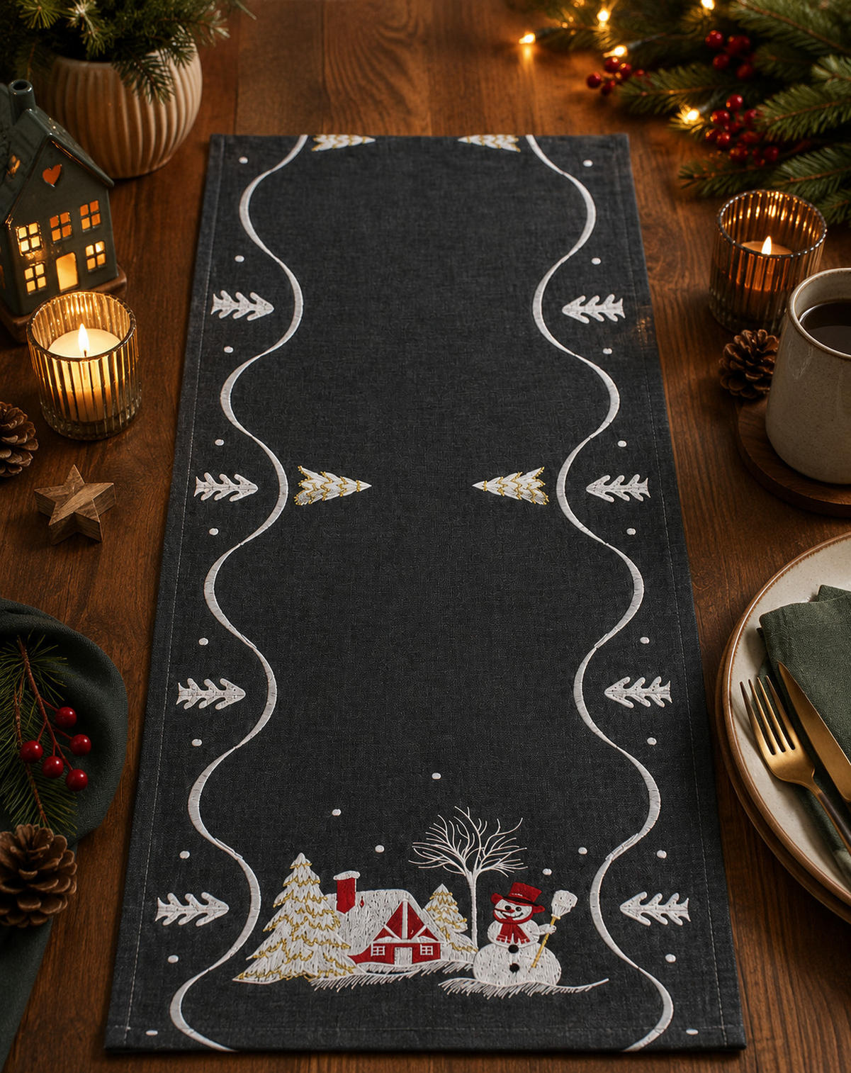 TISCHLÄUFER Weihnachten 35/170 cm Schneemann Stickerei Leinenoptik - Anthrazit/Weiß, Textil (35/170cm) - TiborTex