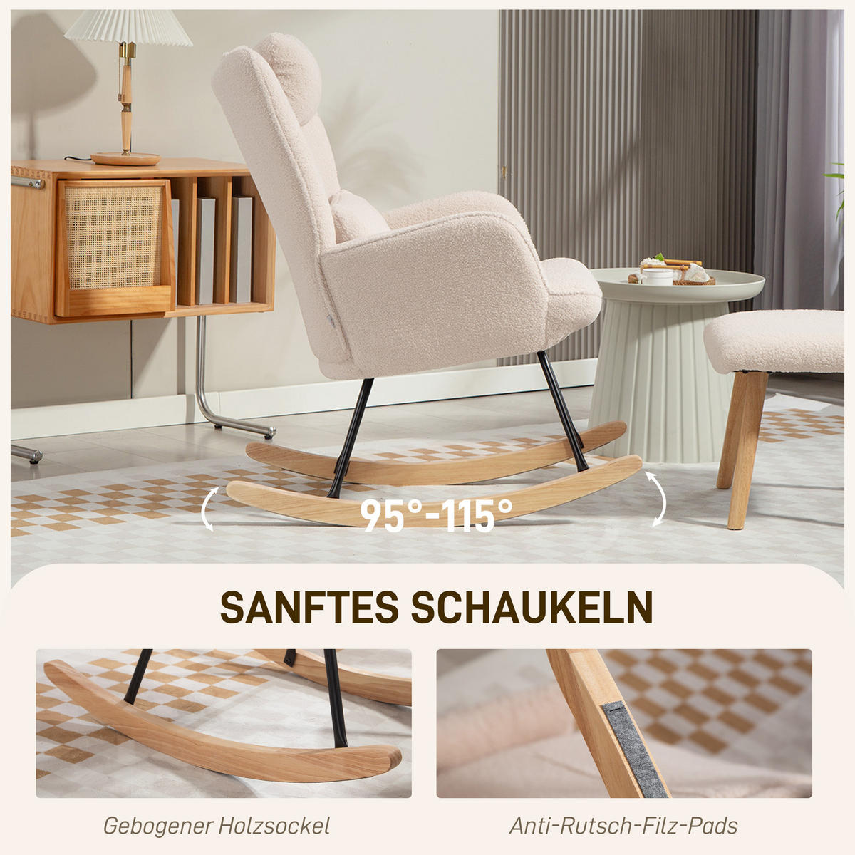 SCHAUKELSTUHL mit Fußhocker, weicher Fleece-Bezug, Holzbeine, Beige - Beige/Naturfarben, Holz/Buchenholz (70.5/99.5/101.5cm) - HOMCOM