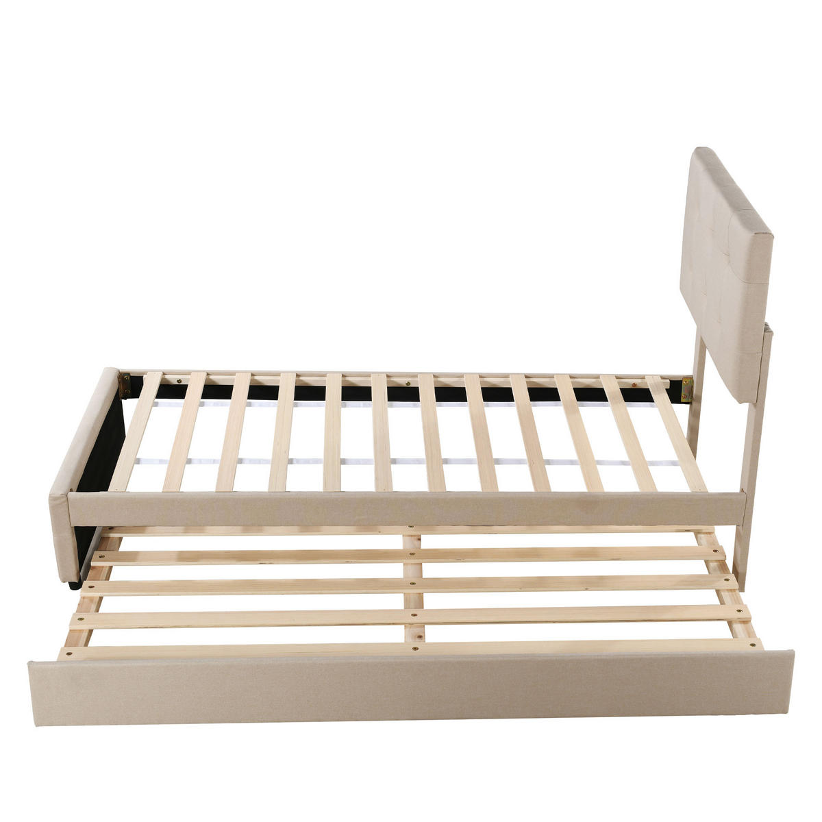 POLSTERBETT 90/200 cm Beige ausziehbares Kinderbett mit höhenverstellbarem Kopfteil - Beige, Textil (90/200cm) - OKWISH