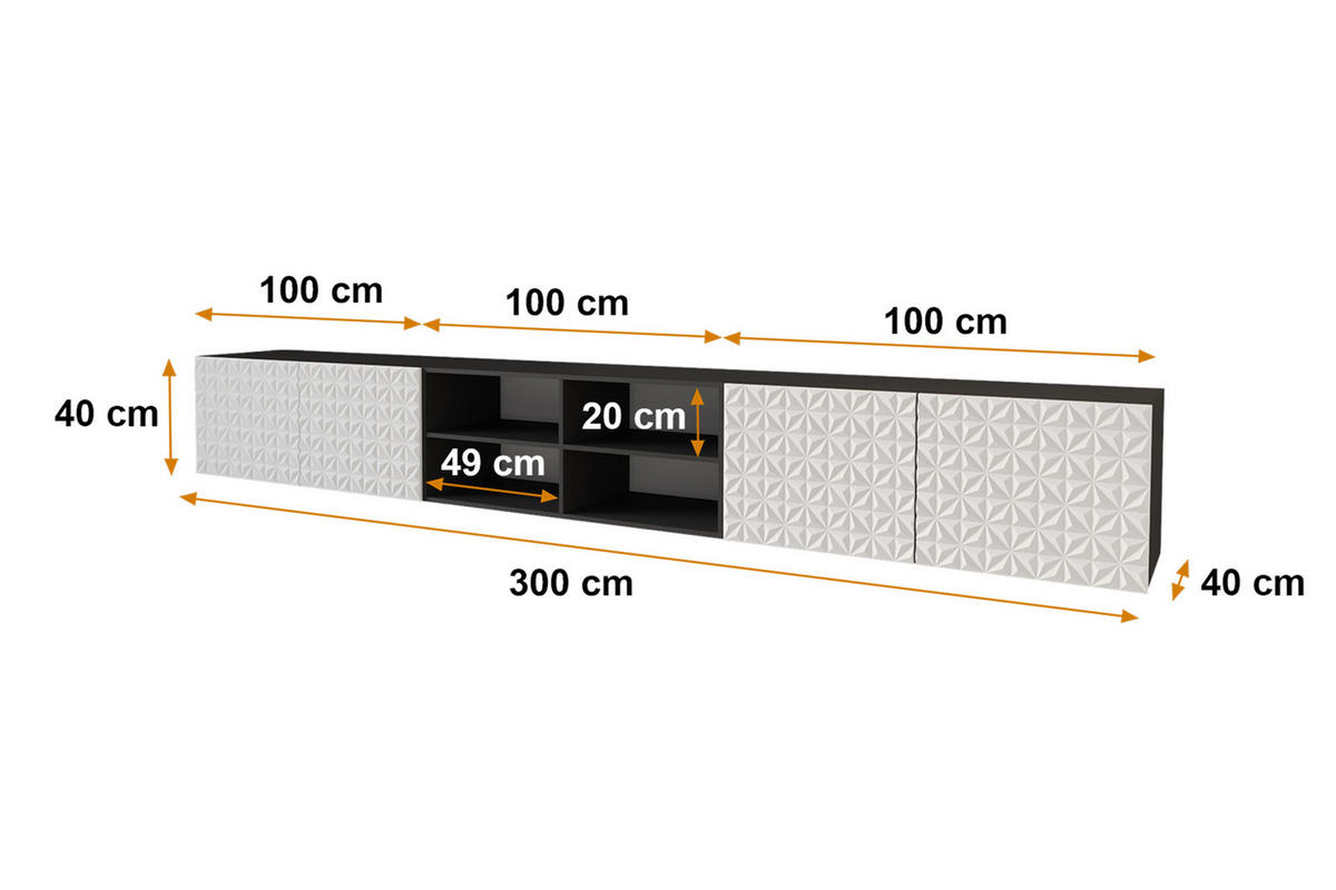LOWBOARD VIRA-W 3x100x40x40 cm - Schwarz / Weiß - Weiß, Holzwerkstoff (300/40/40cm) - ALTDECOR