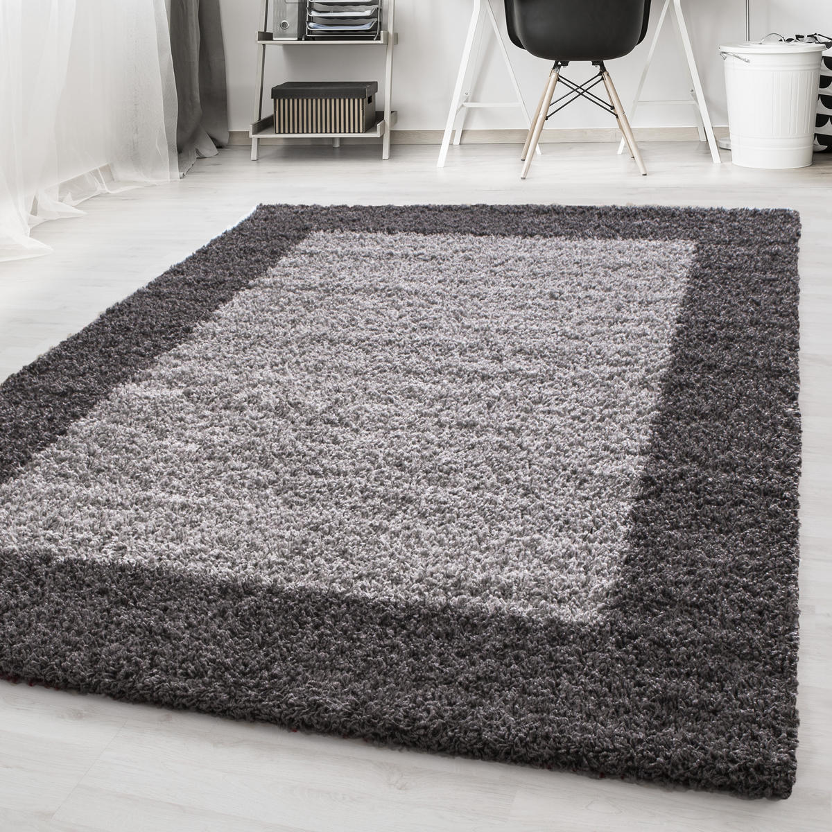 TEPPICH Hochflor einfarbig mit Bordüre Polypropylen Wohnzimmer Grau Rechteckig 200x290 - Grau, Textil (200/290cm) - KADIMA DESIGN