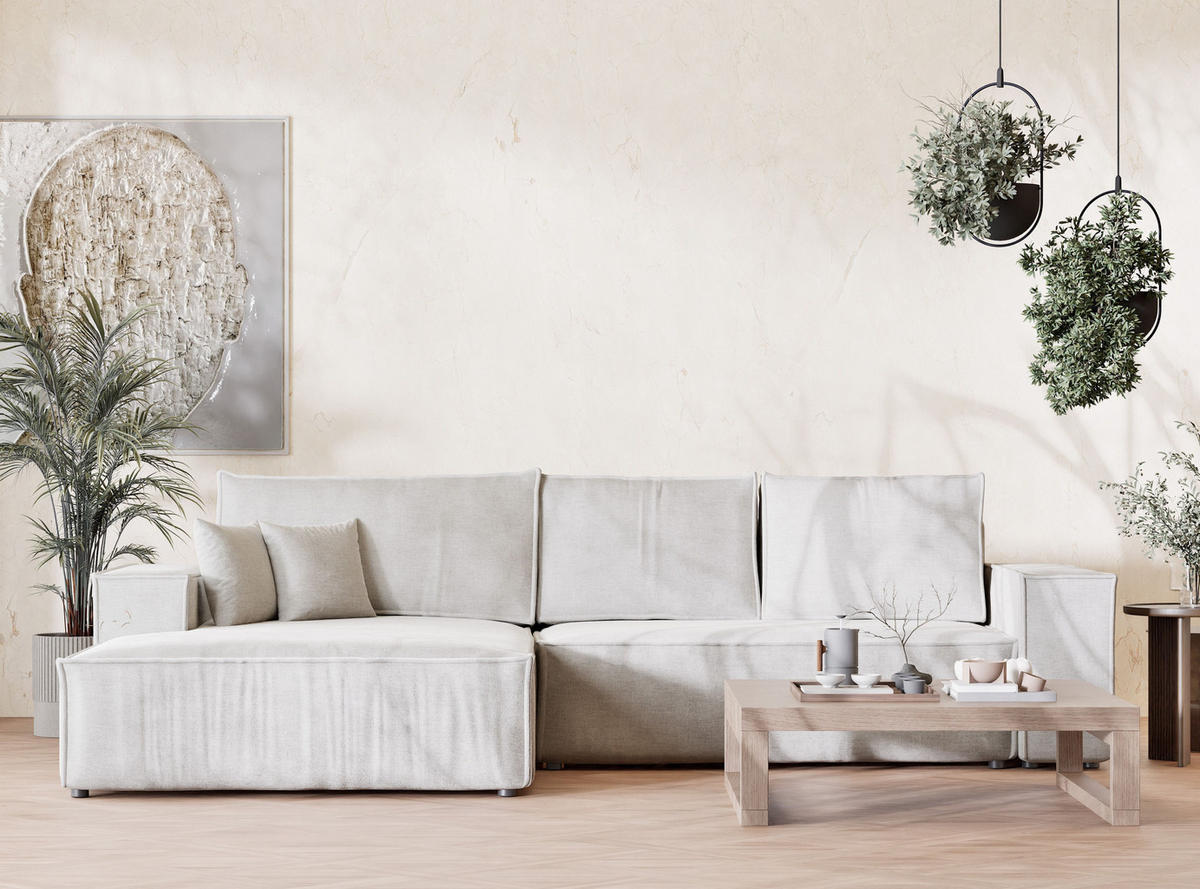 ECKSOFA Maze Beige grau Chenille-Stoff - Links Seite - Greige/Schwarz, Holz/Holzwerkstoff (185/294cm) - Maison de Reve