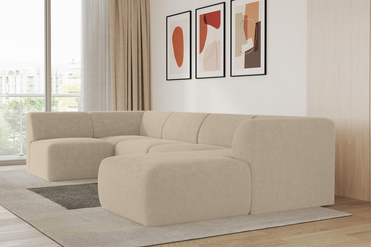 WOHNLANDSCHAFT Ottomane Rechts MOVO-L 345x180x78 cm Creme Tissu - Klar, Holzwerkstoff/Kunststoff (180/78/345cm) - ALTDECOR