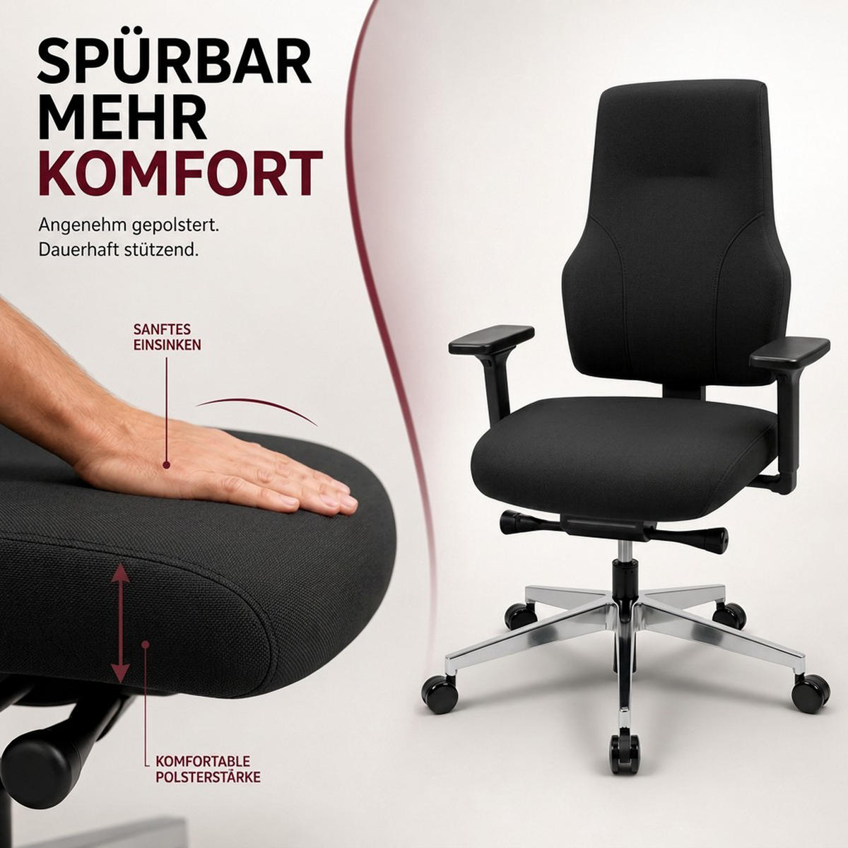 BÜROSTUHL Naros Stoff/Mesh Schwarz - ergonomisch, 150 kg belastbar, Sitzhöhe 48-60cm - Schwarz, Kunststoff/Textil (65/106/67cm) - Versee