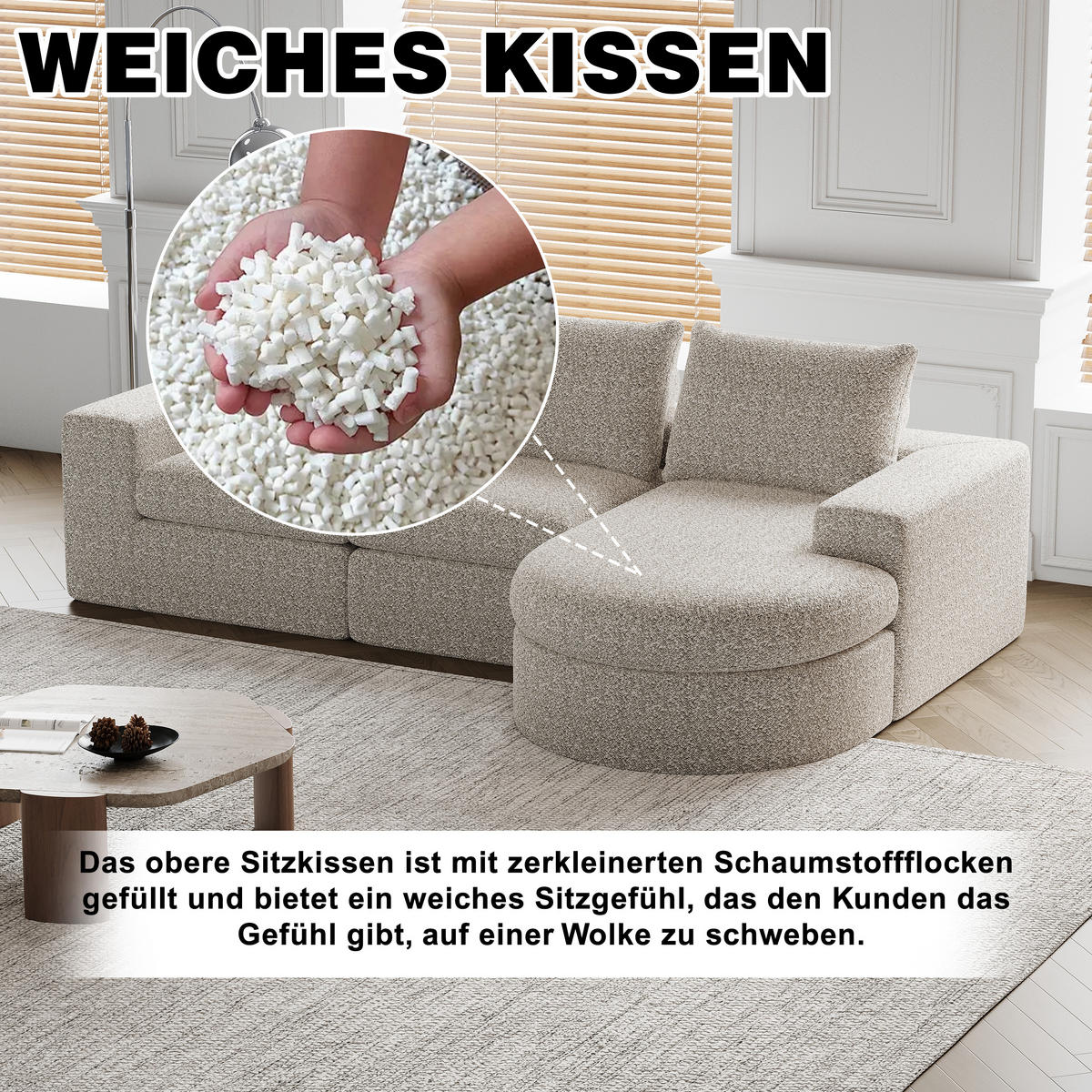 SCHLAFSOFA aus Chenille mit Liegestuhl, montagefrei - Beige, Textil (251/81/160cm)