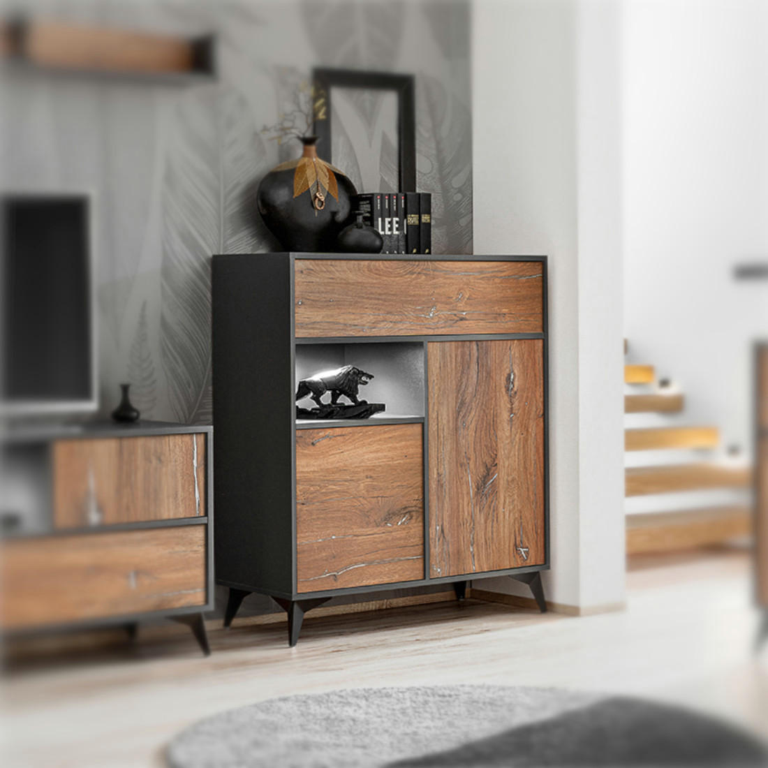 SIDEBOARD ORVIETO KOM3D, 3 Türen, 6 Schließfächer, Eiche, Anthrazit, Weiß LED Beleuchtung - Eichefarben/Anthrazit, Holzwerkstoff (100/113.5/40cm) - Komodee