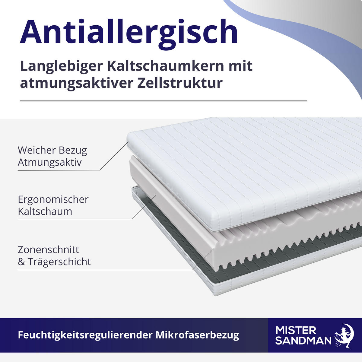 MATRATZE 100x200 cm H2 H3 Höhe 15cm - 7-Zonen Kaltschaummatratze, Wendematratze mit waschbarem Bezug - Weiß, Textil (100/200cm) - Mister Sandman