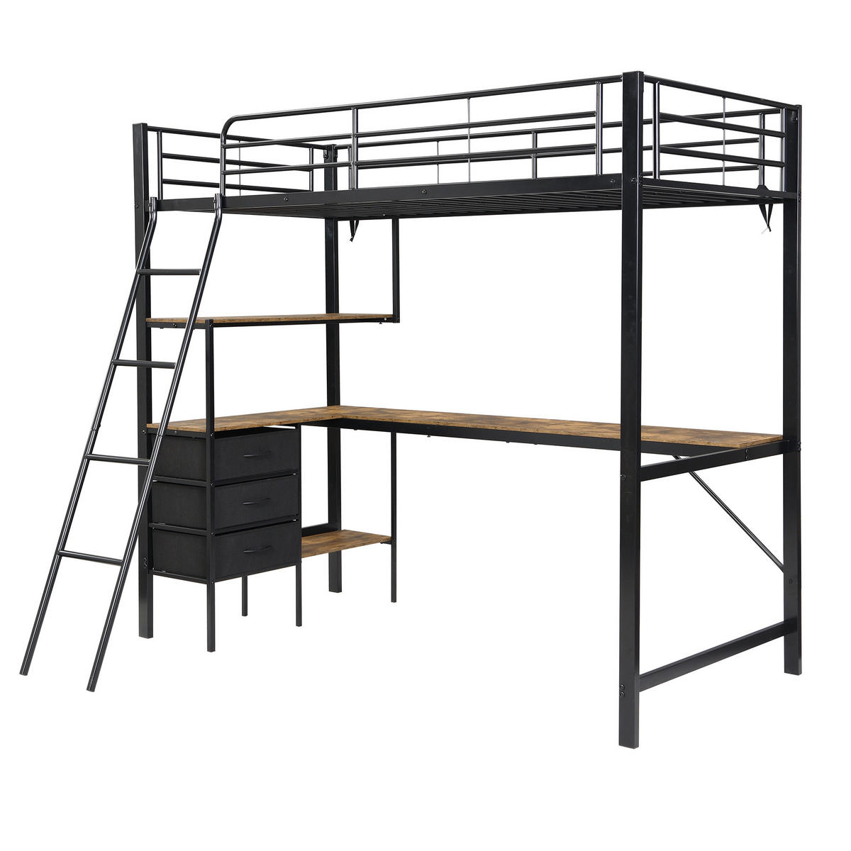 ETAGENBETT 90/200 cm schwarz aus Metall mit Tisch und 3 Schubladen - Schwarz, Metall (90/200cm) - OKWISH