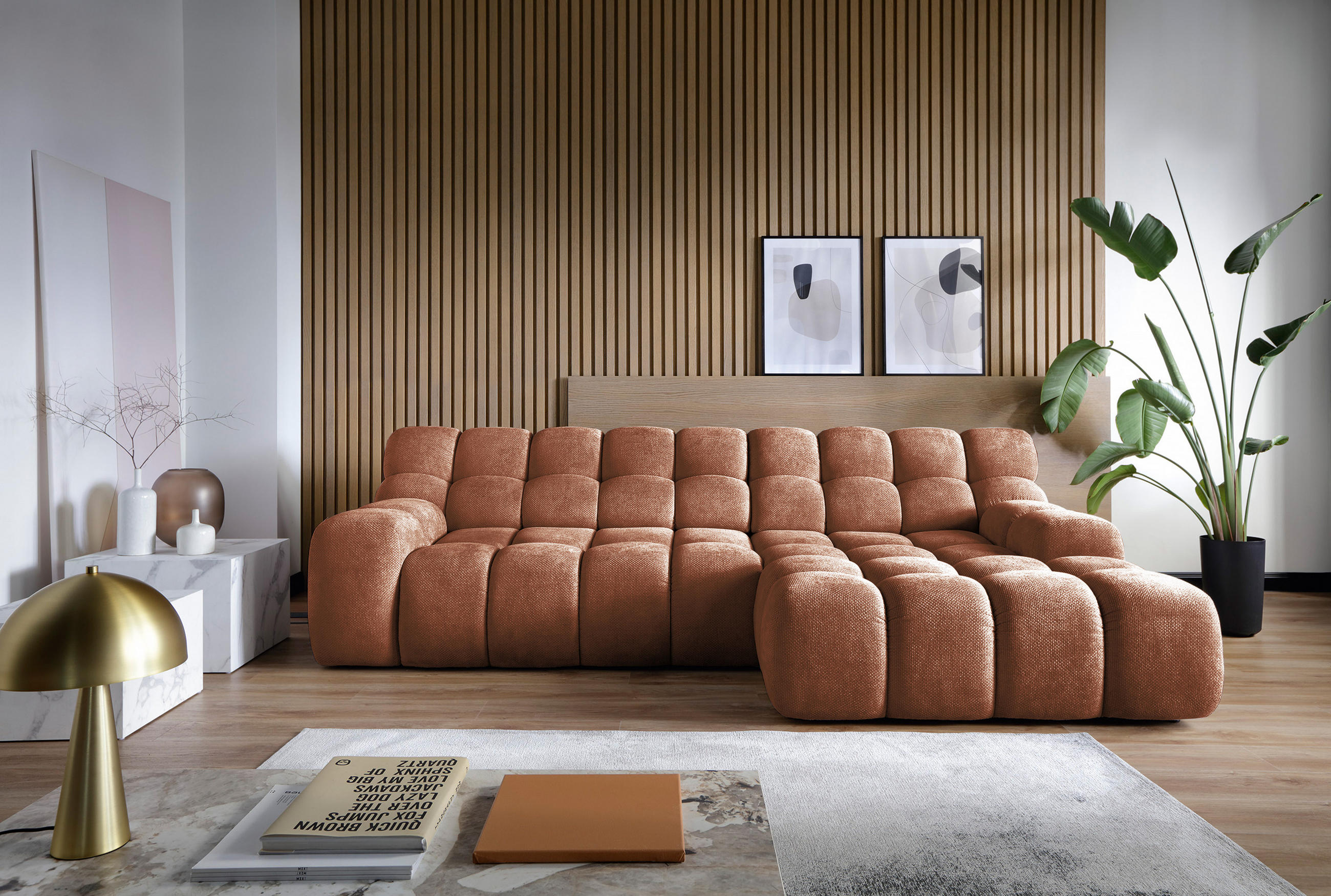 ECKSOFA CAMPILE mit elektrisch verschiebbarem Sitz, Orange, Rechts - Bronzefarben, Holz/Textil (288/119cm) - DomoHome