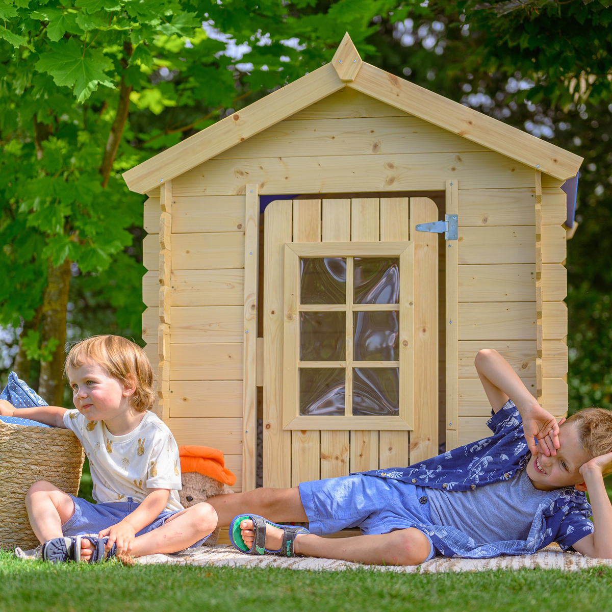 KINDERSPIELHAUS aus Holz - 111x113xH121 cm/0.9 m2 - M570Z-1 - Beige/Grün, Holz (114/121/111cm) - Timbela