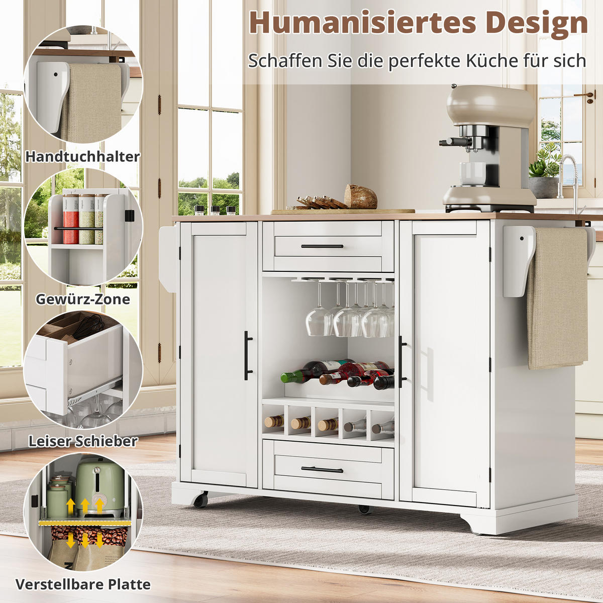 KÜCHENINSEL Mobile & Servierwagen (138 cm) in Weiß/Natur mit Weinregal & viel Stauraum - Weiß, Holzwerkstoff (138/92/70cm) - Urban Meuble