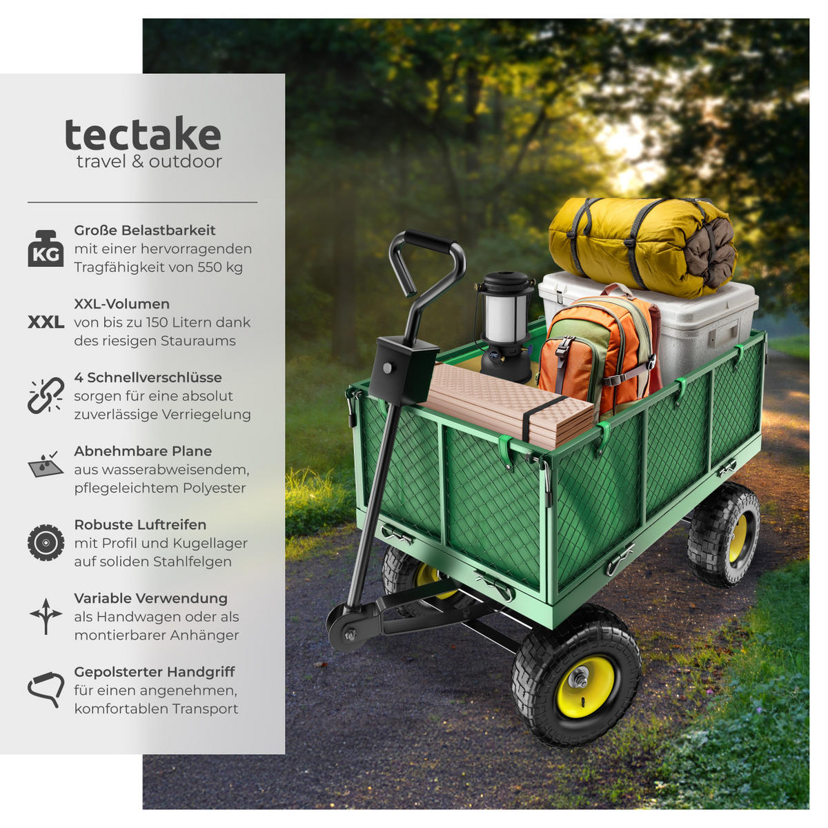 BOLLERWAGEN , Belastbarkeit 550 kg, grün - Grün, Metall (51.5/65/114cm) - tectake