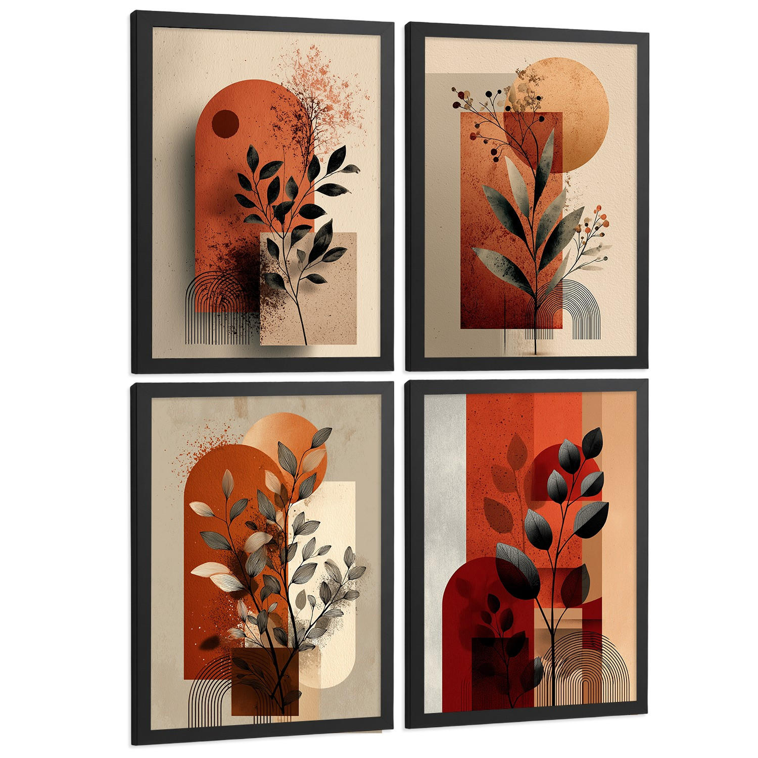 POSTER 4er Kunstdruck-Set Wandbilder Blumen Abstrakt Rot Orange modern Wohnzimmer Deko, Schlafzimmer, Küche, Badezimmer Rahmenlos A4 - Schwarz, Papier (29.7/1/21cm) - Nacnic