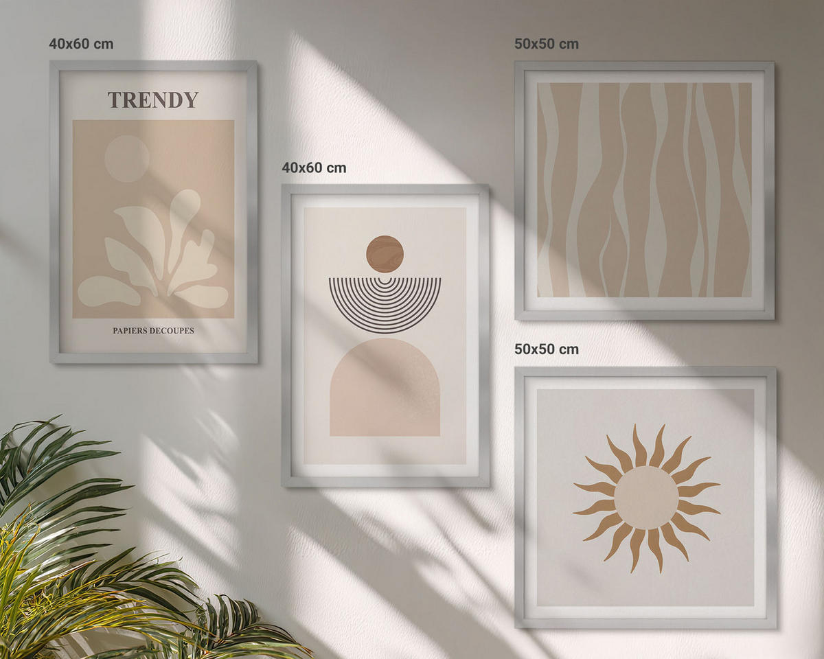 BILDER SET 4er Set - 50x50 cm & 40x60 cm Silberner Rahmen - Stilvolle abstrakte Beigetöne - Silberfarben, Kunststoff (50/50cm) - TULUP